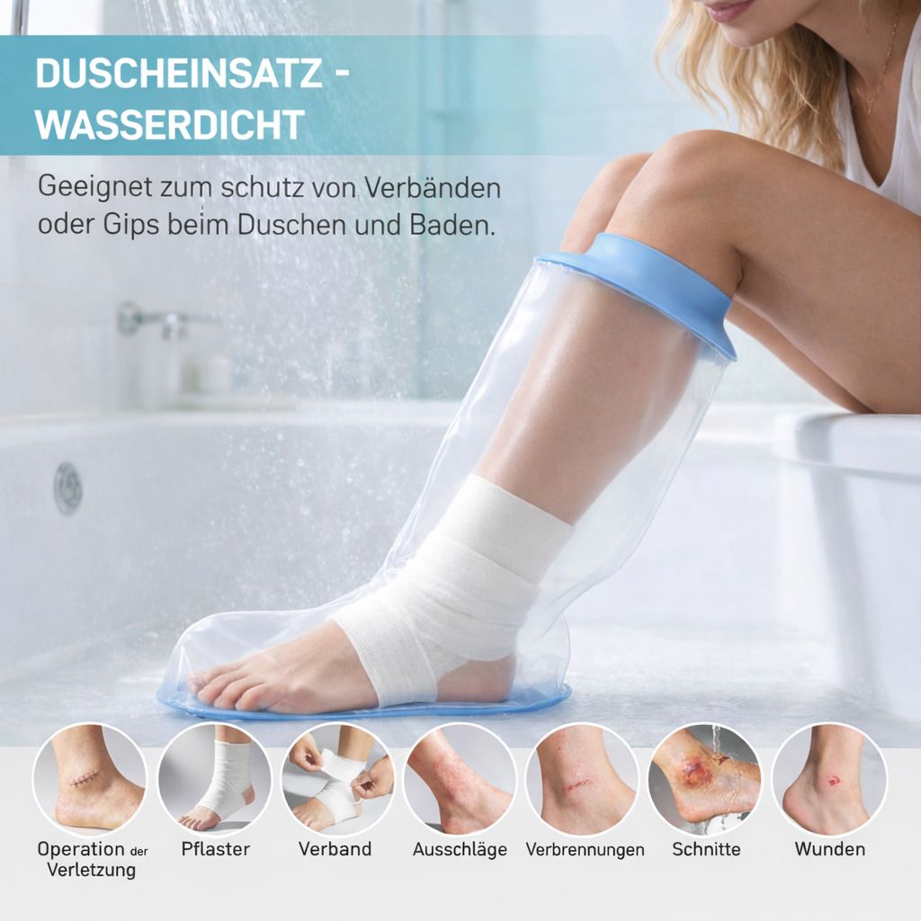 Transparenter Duschschutz mit blauem Silikonring. Bein mit Verband in der Hülle. Abbildungen von verschiedenen Beinverletzungen.