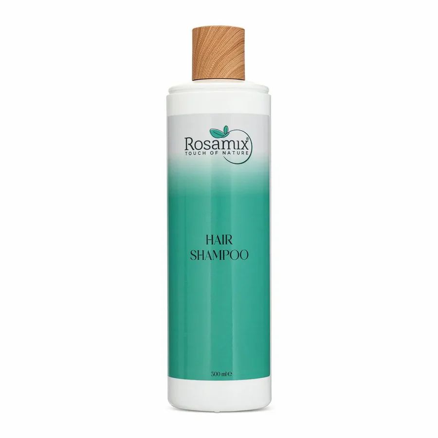Flasche ROSAMIX Shampoo. Weiß-grüne Farbverlauf, Holzverschluss. Aufschrift: ROSAMIX, HAIR SHAMPOO.
