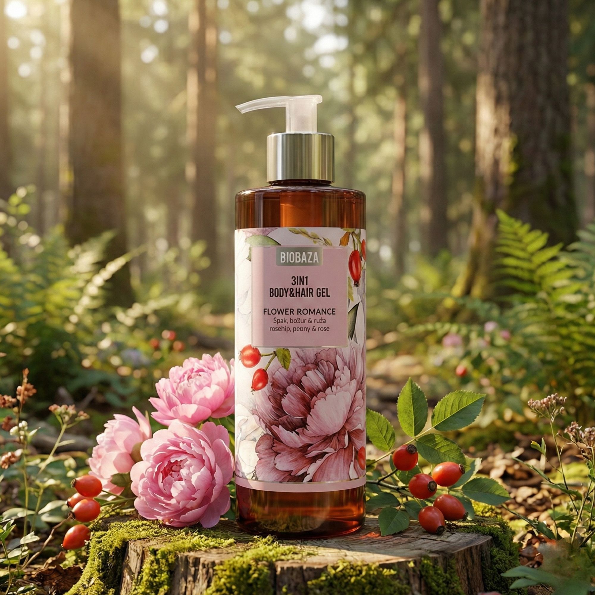 Braune Flasche mit Pumpe. Etikett mit Produktname und floralem Design. Auf Baumstumpf im Wald.