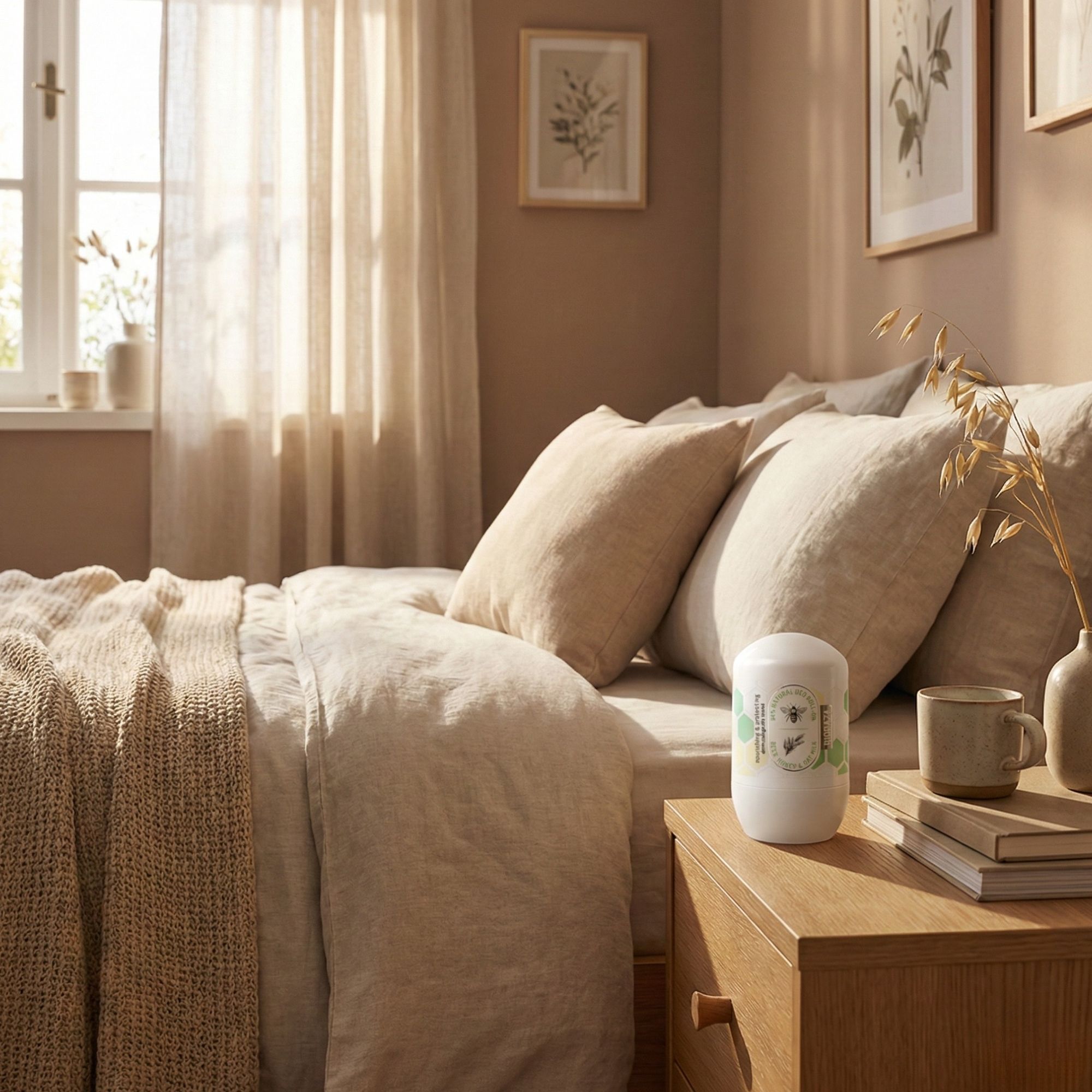 Weißes Deodorant auf einem Nachttisch. Im Hintergrund Bett mit Kissen und Vorhänge. Auf dem Tisch Tasse und Bücher.