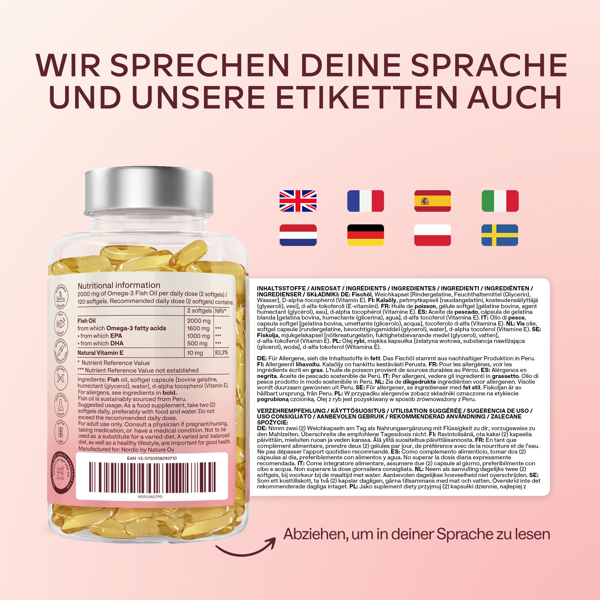 Grafik mit Diagramm zur Zusammensetzung von Fischöl. Omega-3-Gehalt.