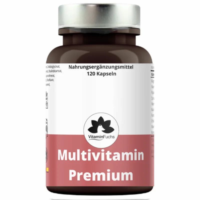 Braune Flasche mit weißem Etikett. Aufschrift: Multivitamin Premium von Vitamin Fuchs. 120 Kapseln.