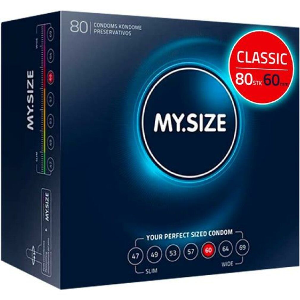 Dunkelblaue Schachtel mit MY.SIZE PRO Logo. Enthält 80 Kondome, Größe 60 mm. Größenangaben von 47 bis 69 mm.