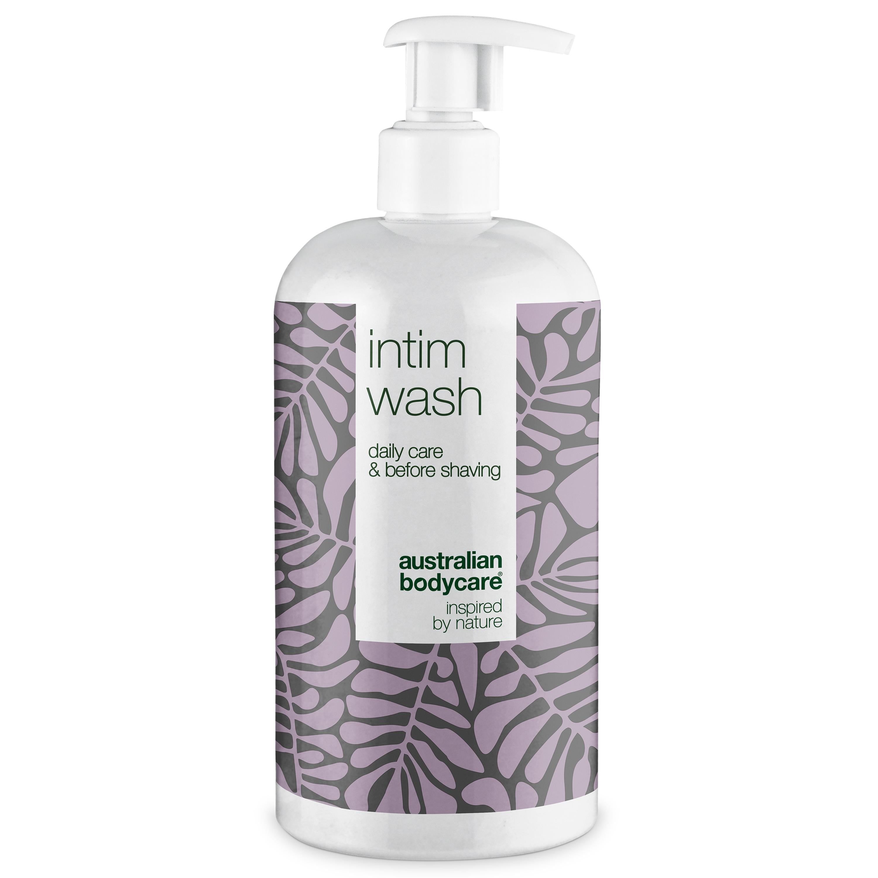 Flacone bianco con dosatore. Scritta: Intim Wash, daily care & before shaving. Logo: Australian Bodycare.
