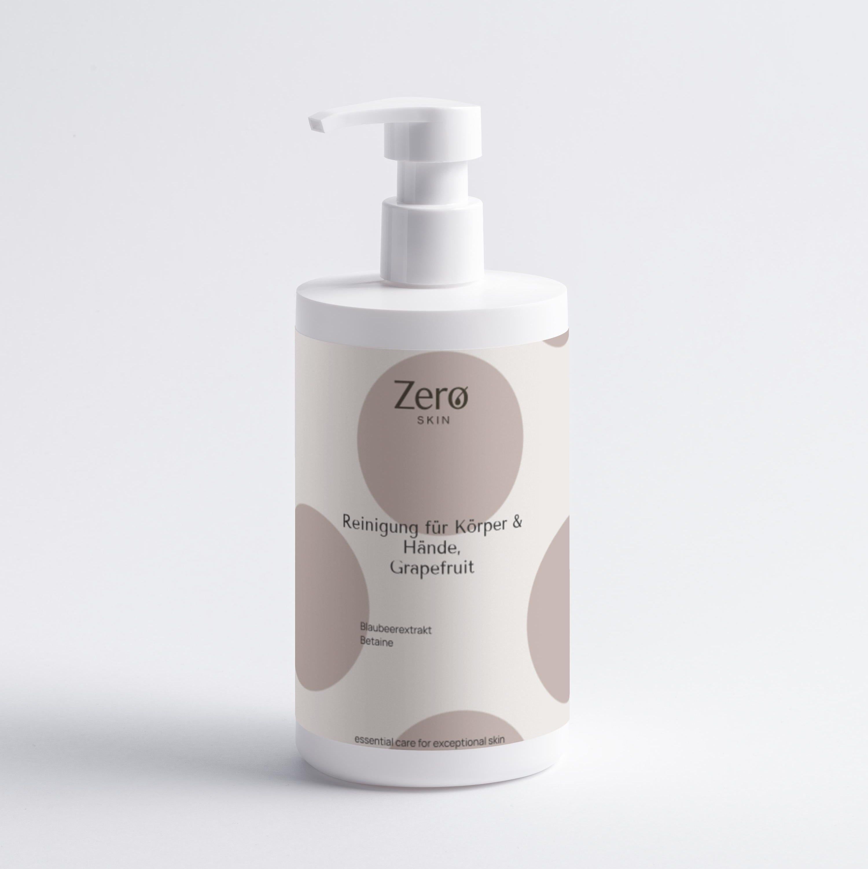 Zero Skin Hand- und Körperreinigung. Weiße Flasche mit Pumpverschluss. Braune Kreise auf dem Etikett. Text: Grapefruit.