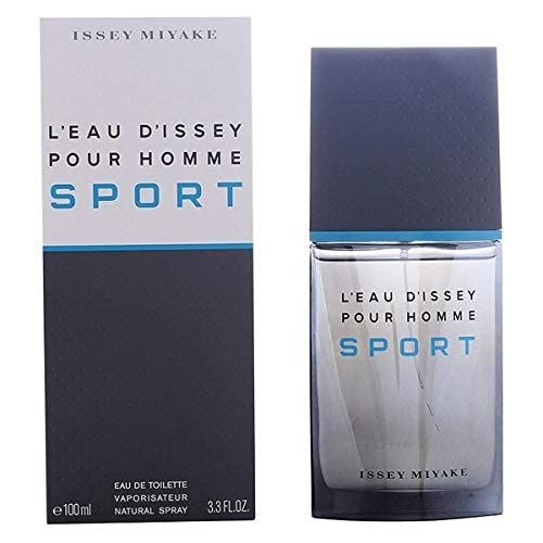 Issey Miyake L'Eau d'Issey pour Homme Sport Flakon und Verpackung. Grauer Deckel, blaue Linie. Schriftzug SPORT.
