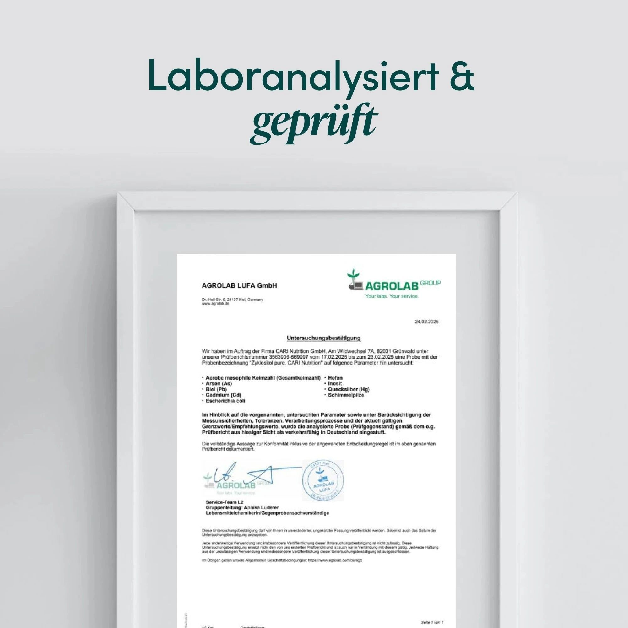 Laboranalysiert & geprüft: Zertifikat von AGROLAB GROUP für CARI Nutrition Zyklositol.