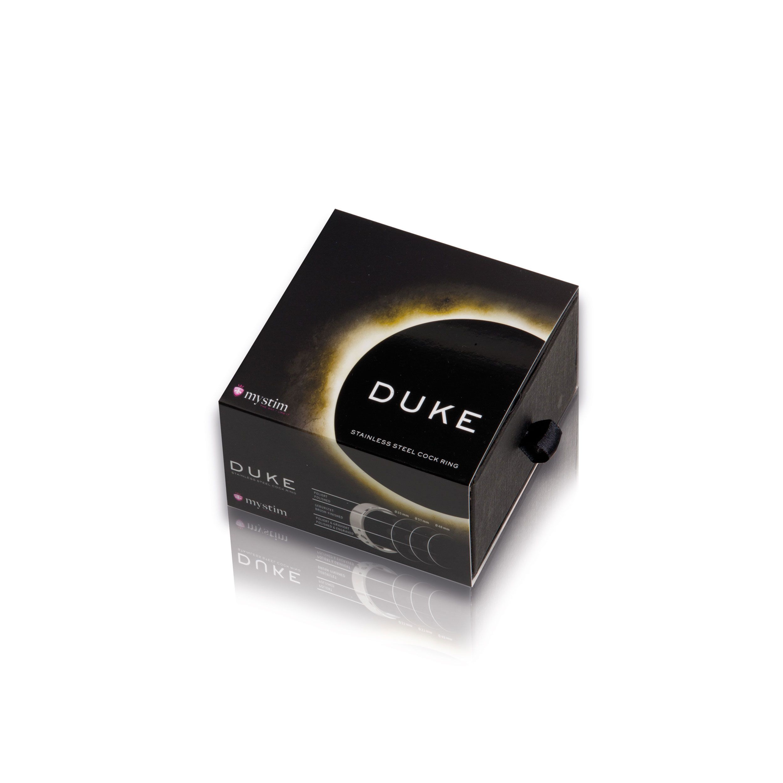 Schwarze Produktverpackung. Aufschrift DUKE, Marke Mystim. Auf weißem Hintergrund.