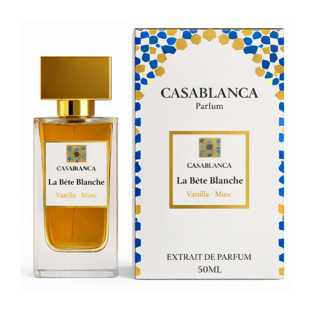 Parfumflakon und Verpackung. Aufschrift: Casablanca La Bête Blanche, Vanilla - Musc. Extrait de Parfum 50ml.