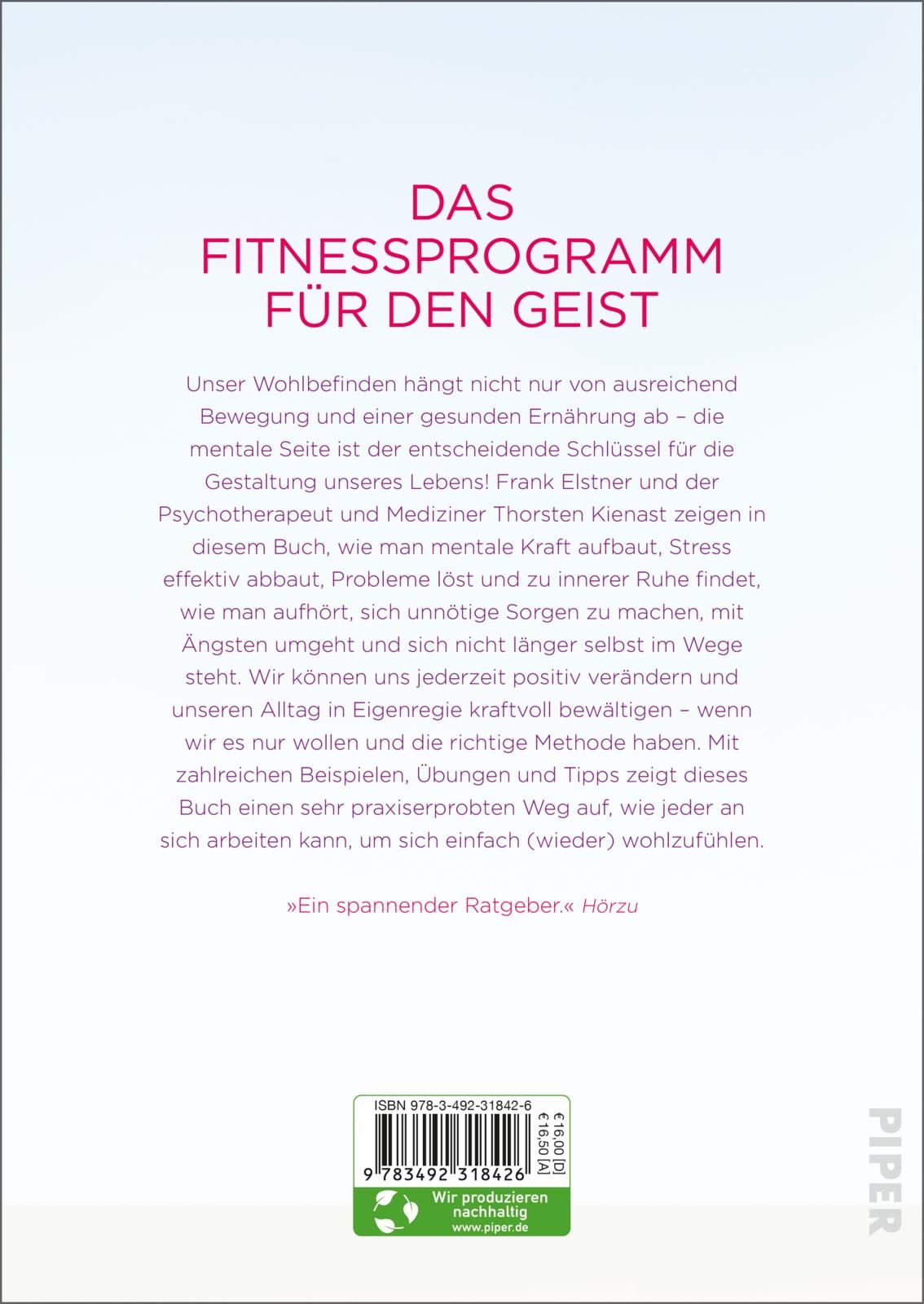 Buchrückseite mit Text "Das Fitnessprogramm für den Geist". Enthält Informationen über das Buch und den Autor. Mit ISBN-Code und Piper-Logo.