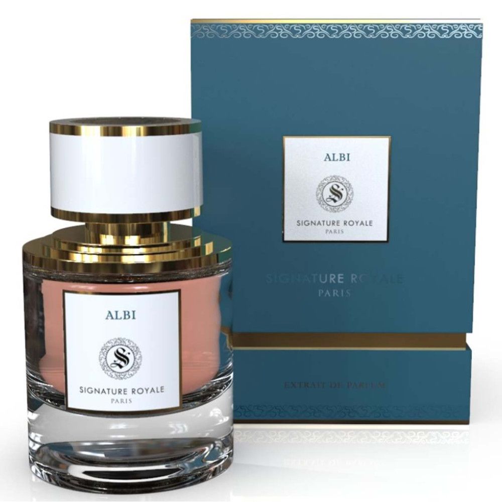 Parfümflakon mit weißem Deckel, goldfarbenen Akzenten und Etikett. Blaue Verpackung mit Logo.