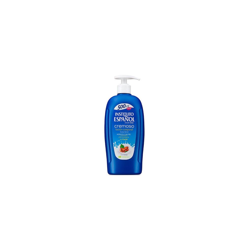 Blaue Lotionflasche mit Aufschrift: INSTITUTO ESPAÑOL, cremoso, loción corporal, 500 ml. Mit Shea Butter.