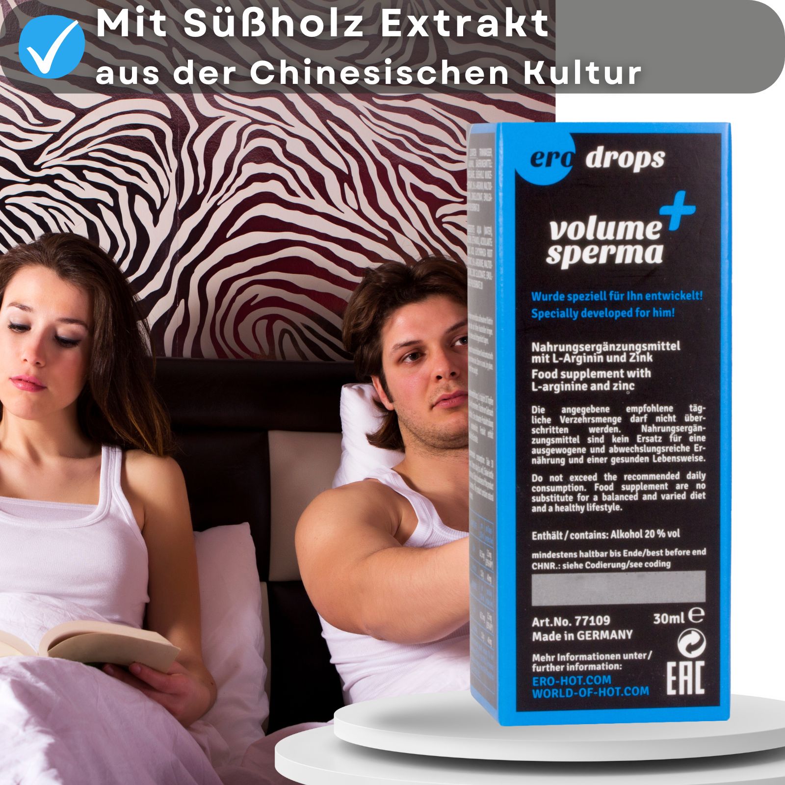 Produktflasche und Verpackung neben Paar. Verpackung mit "volume sperma" und Logo "ero drops".