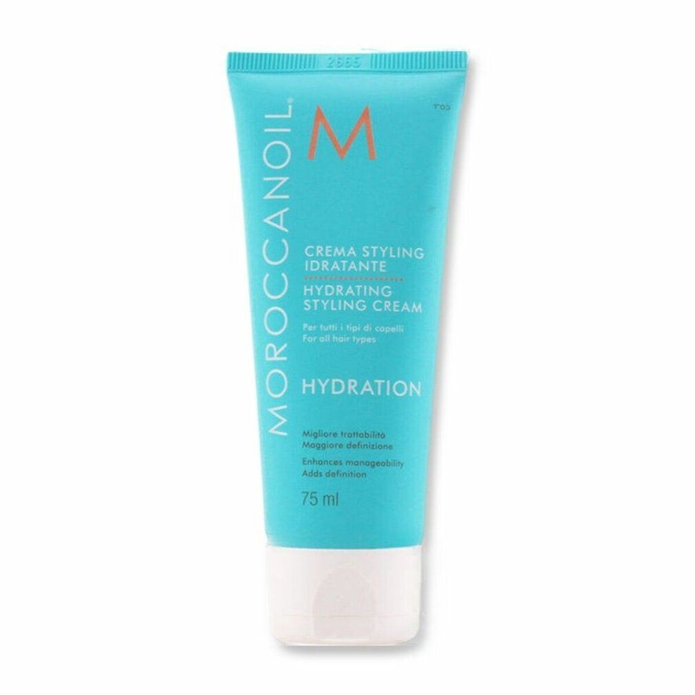 Türkisfarbene Tube mit weißem Deckel. Aufschrift: Moroccanoil, Hydrating Styling Cream, Hydration. 75 ml.