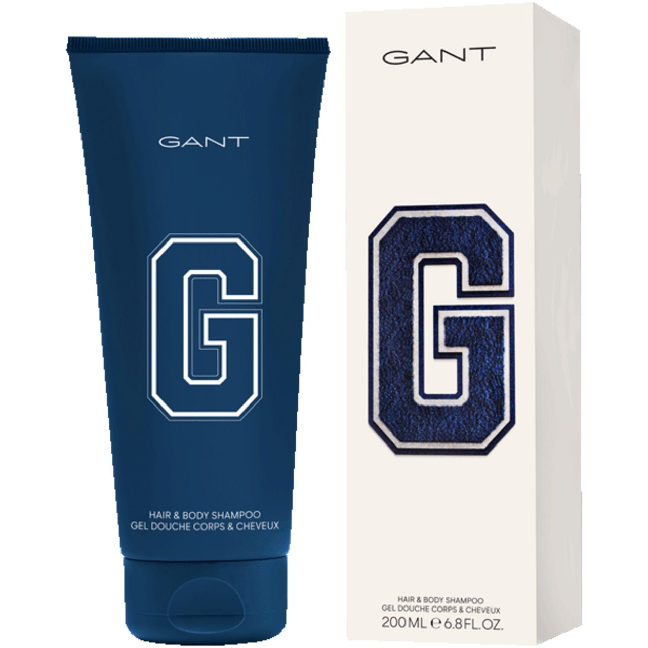 Blaues Shampoo-Tuben und Karton. Auf beiden steht GANT. Auf der Tube und dem Karton ist ein weiß umrandetes "G" abgebildet.