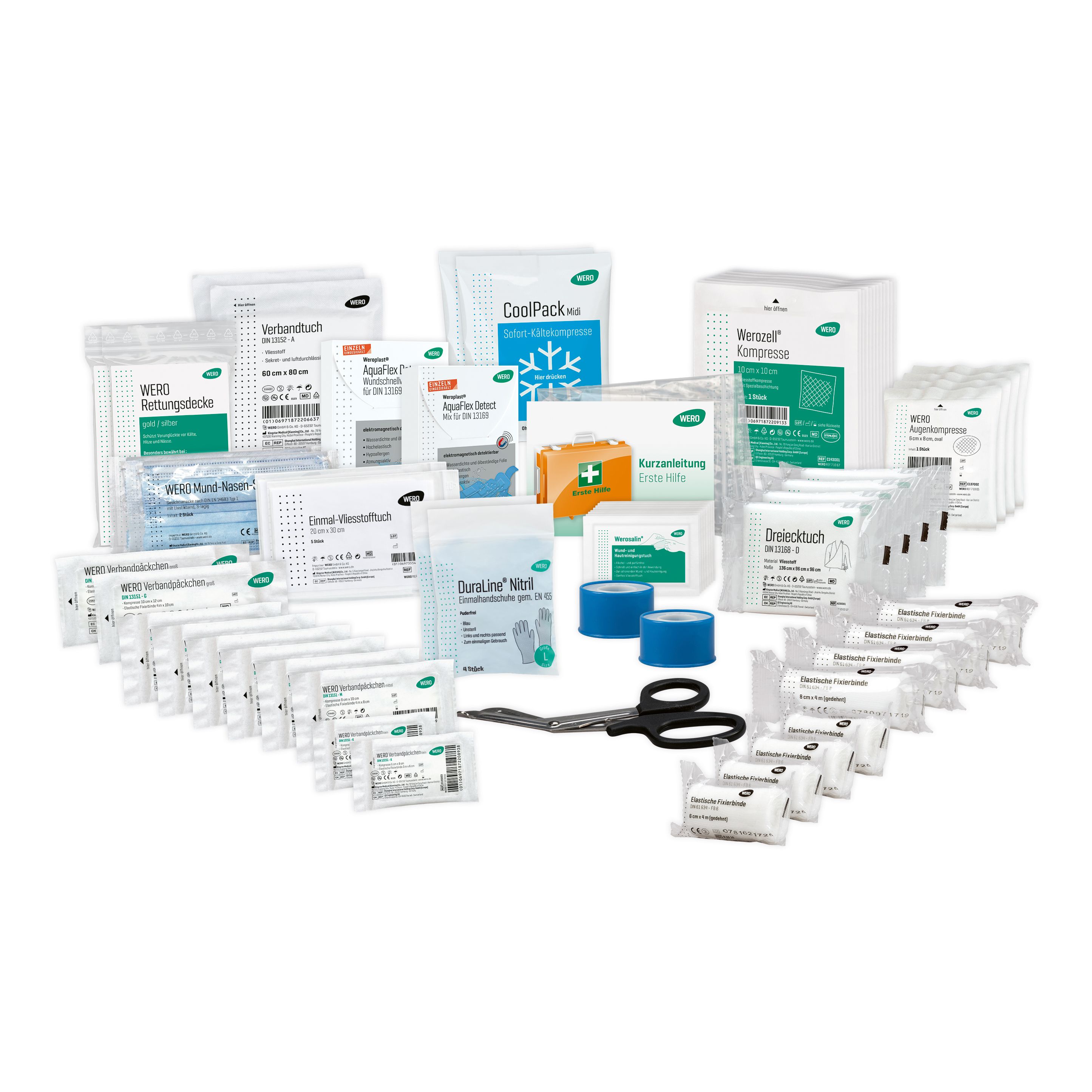 Erste-Hilfe-Set mit Verbandsmaterial, Kühlkompressen, Pflastern, Schere und blauen Klebebändern. Mehrere verpackte Produkte.