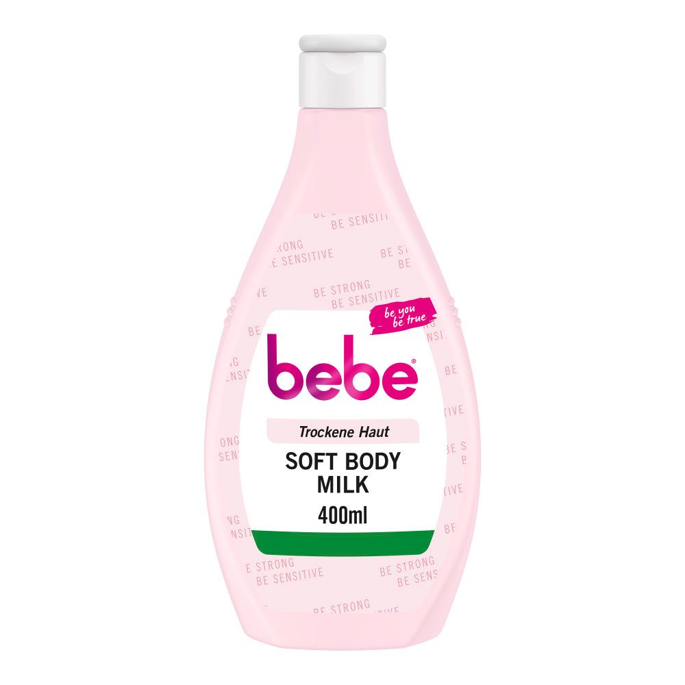 Rosa Flasche bebe Soft Body Milk, 400ml. Vorderseite mit Produktnamen und Logo.