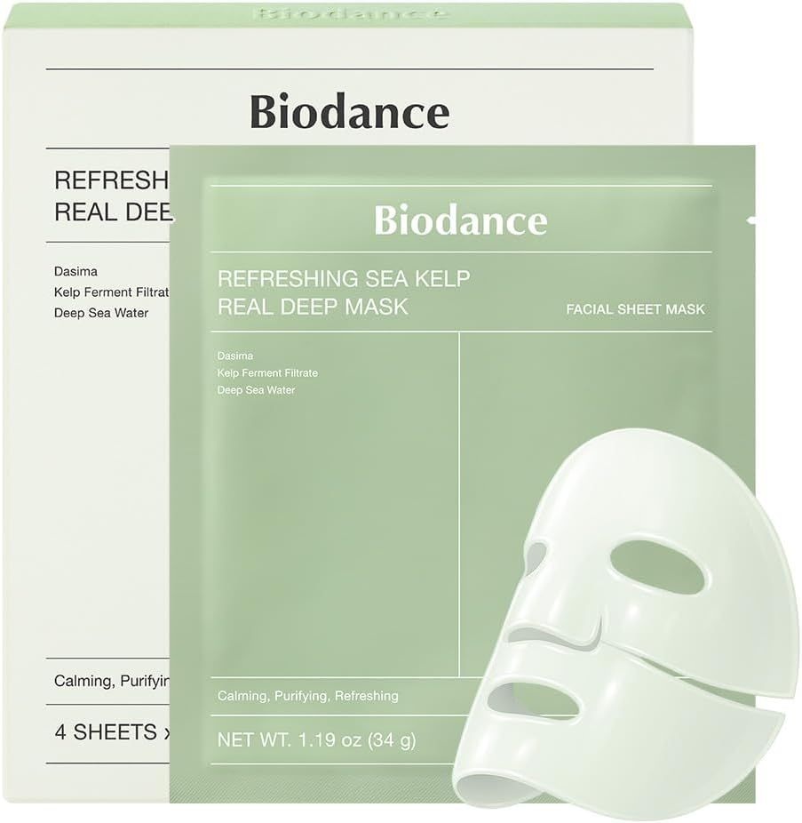 Produktverpackung und Gesichtsmaske. Text: Biodance, Refreshing Sea Kelp Real Deep Mask, 4 Sheets.