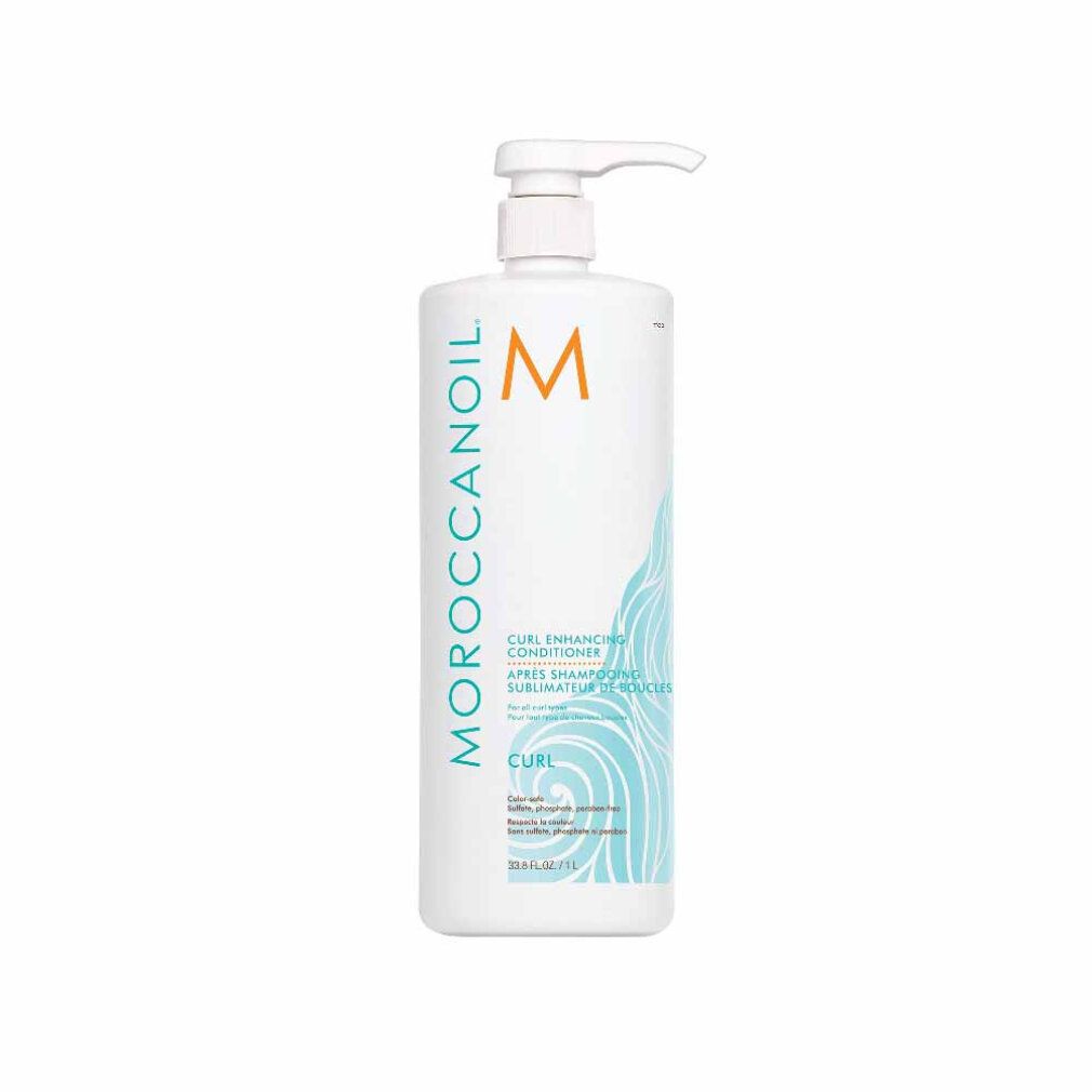 Weiße Flasche mit Pumpe. Aufschrift: Moroccanoil, M-Logo, Curl Enhancing Conditioner. Türkis-blaue Wellen-Grafik.