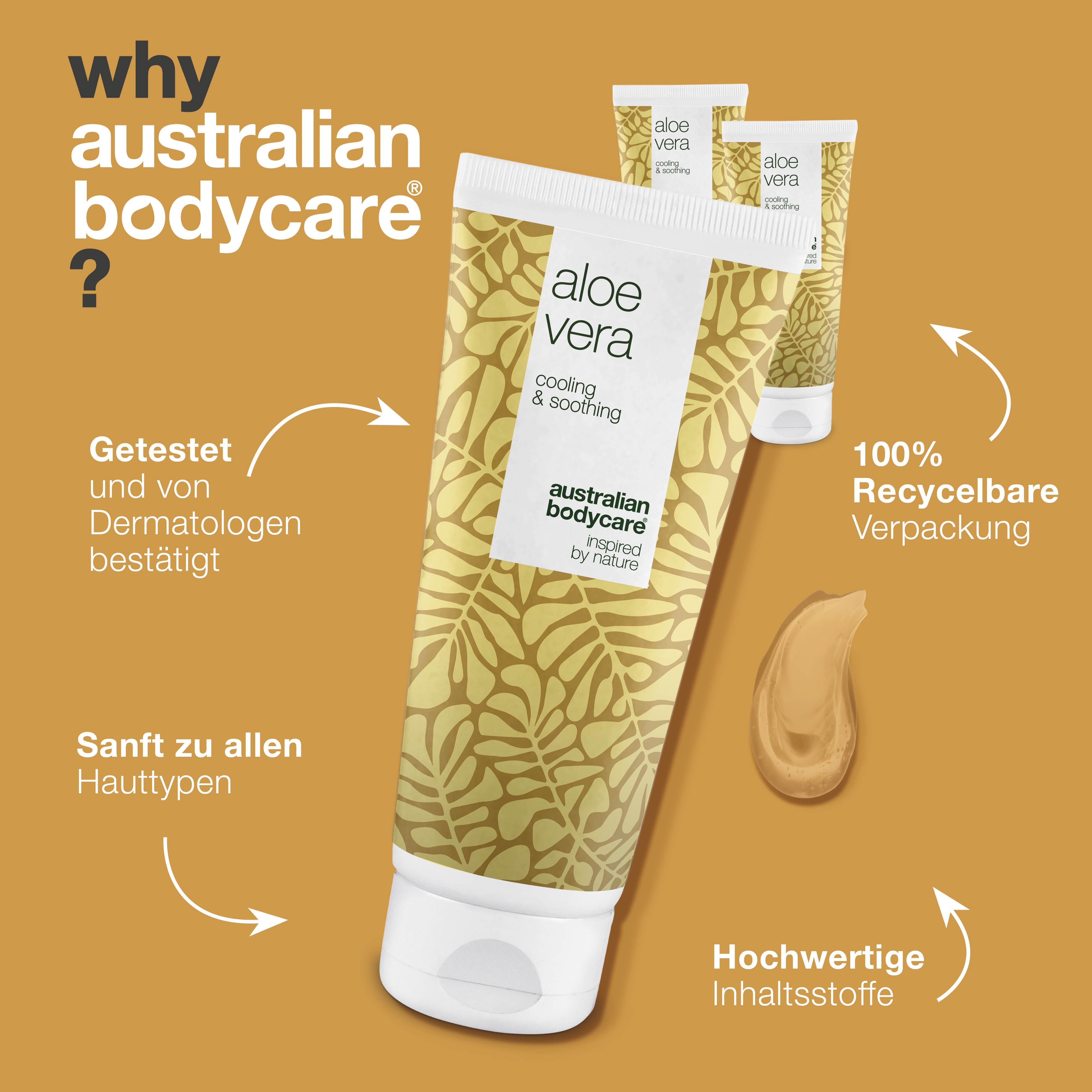 Drei Tuben Aloe Vera Gel. Weiß-gelbes Design mit Blättern. Marke: Australian Bodycare.