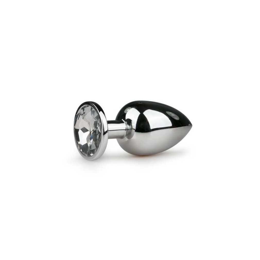 Analplug aus Metall mit Zierstein. Silberfarben, konisch zulaufend. Zierstein am Ende. Glänzende Oberfläche.