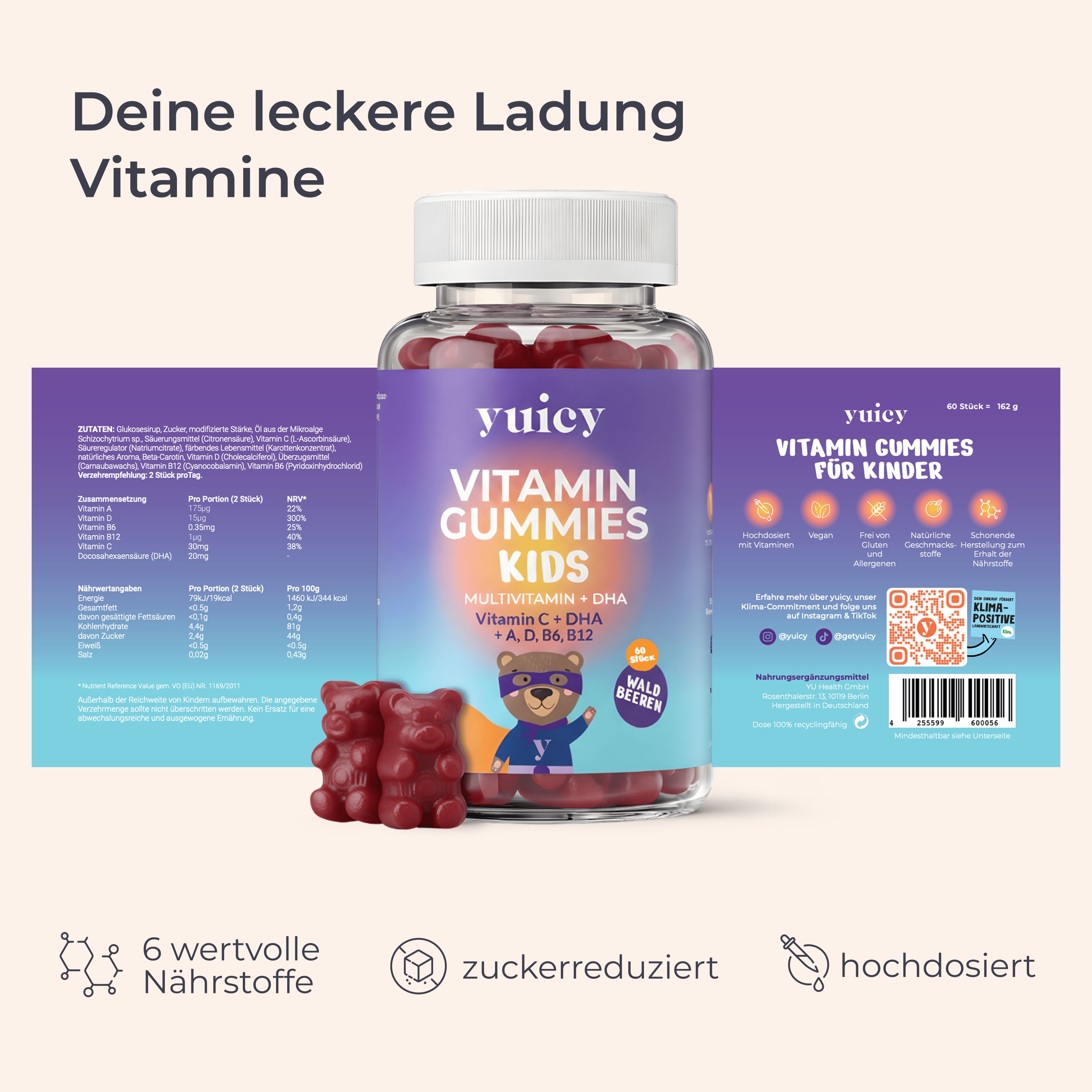 Eine Flasche yuicy® Vitamin Gummies Kids mit zwei roten Gummibärchen. Aufschrift: Vitamin Gummies Kids. Nährwertangaben auf der Rückseite.