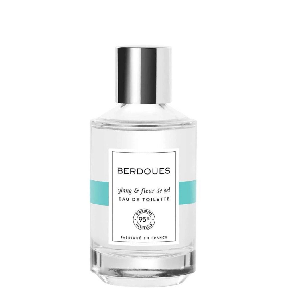 Ylang & Fleur de Sel Eau de Toilette von Berdoues in einem Glasflakon mit silbernem Verschluss und einer blauen Banderole.