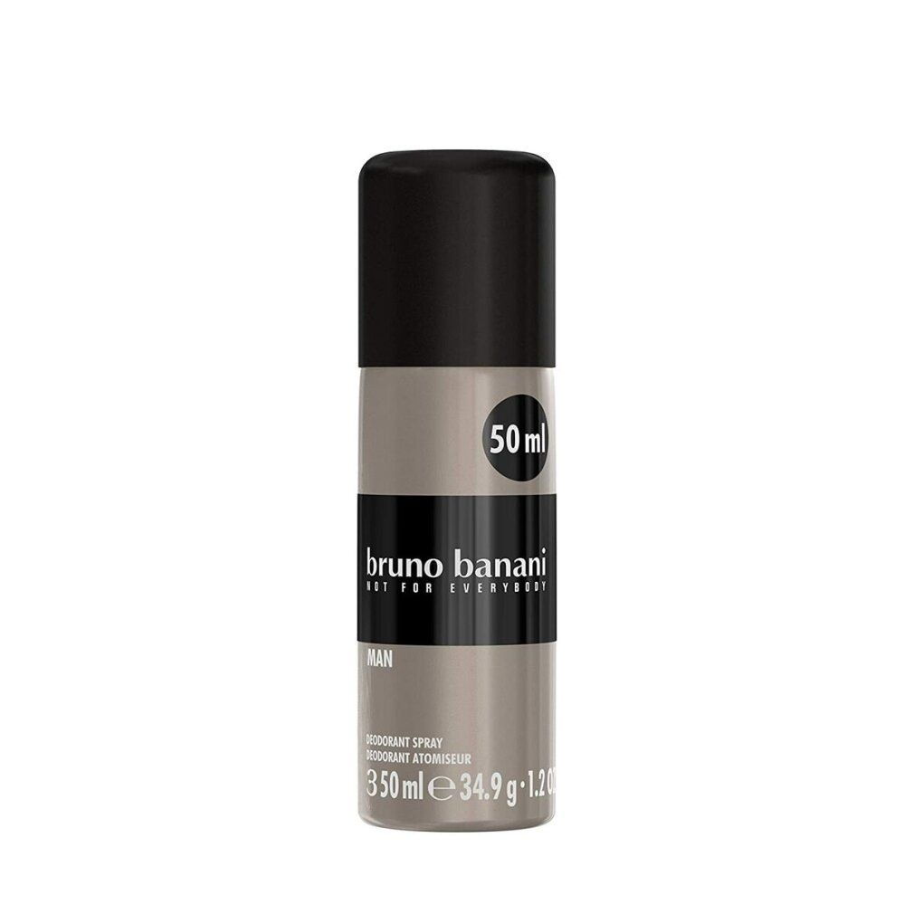Deodorant-Spray von Bruno Banani. Zylindrische Dose mit schwarzem Deckel. Aufschrift: Bruno Banani, MAN. Volumen: 50 ml.
