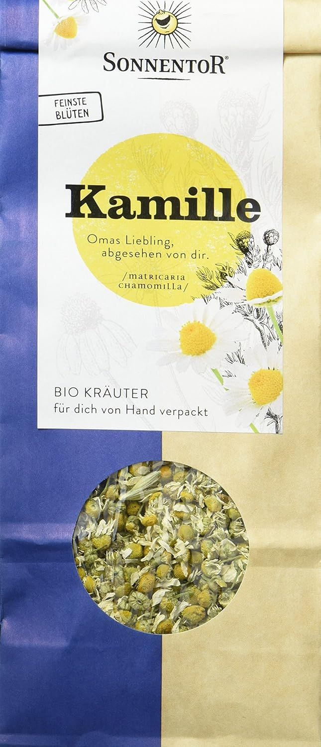 Vorderseite einer Packung SonnentoR Kamille lose Bio Kräuter mit Sichtfenster.