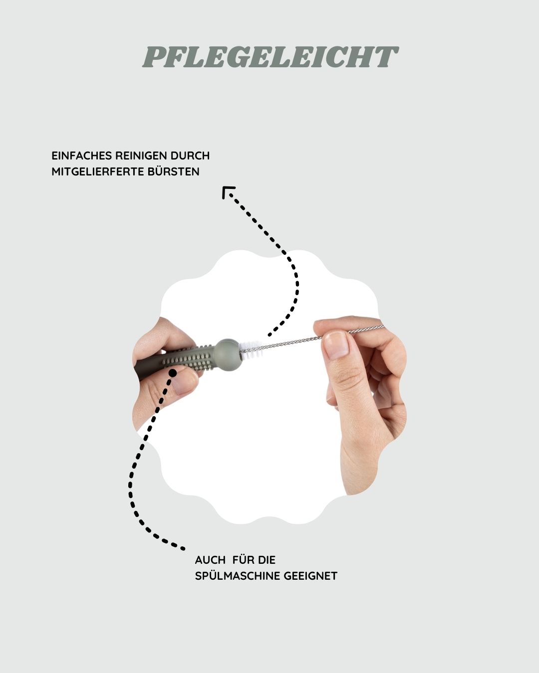 Grafik mit Hand, die einen Beißring mit Bürste reinigt. Text: Pflegeleicht, einfaches Reinigen in der Maschine oder mit den Bürsten.