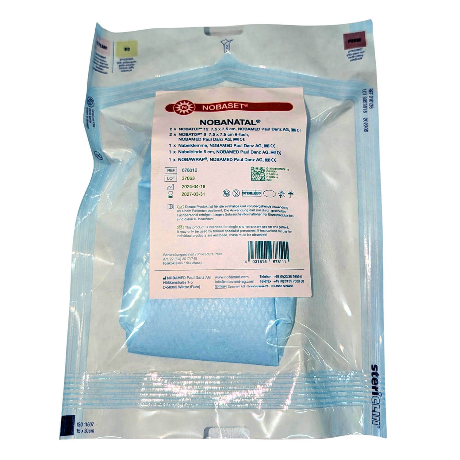 NOBASET NOBANATAL steril Set. Sterile Verpackung mit blauer Unterlage und Produktinformationen. Siegel und Chargennummer.