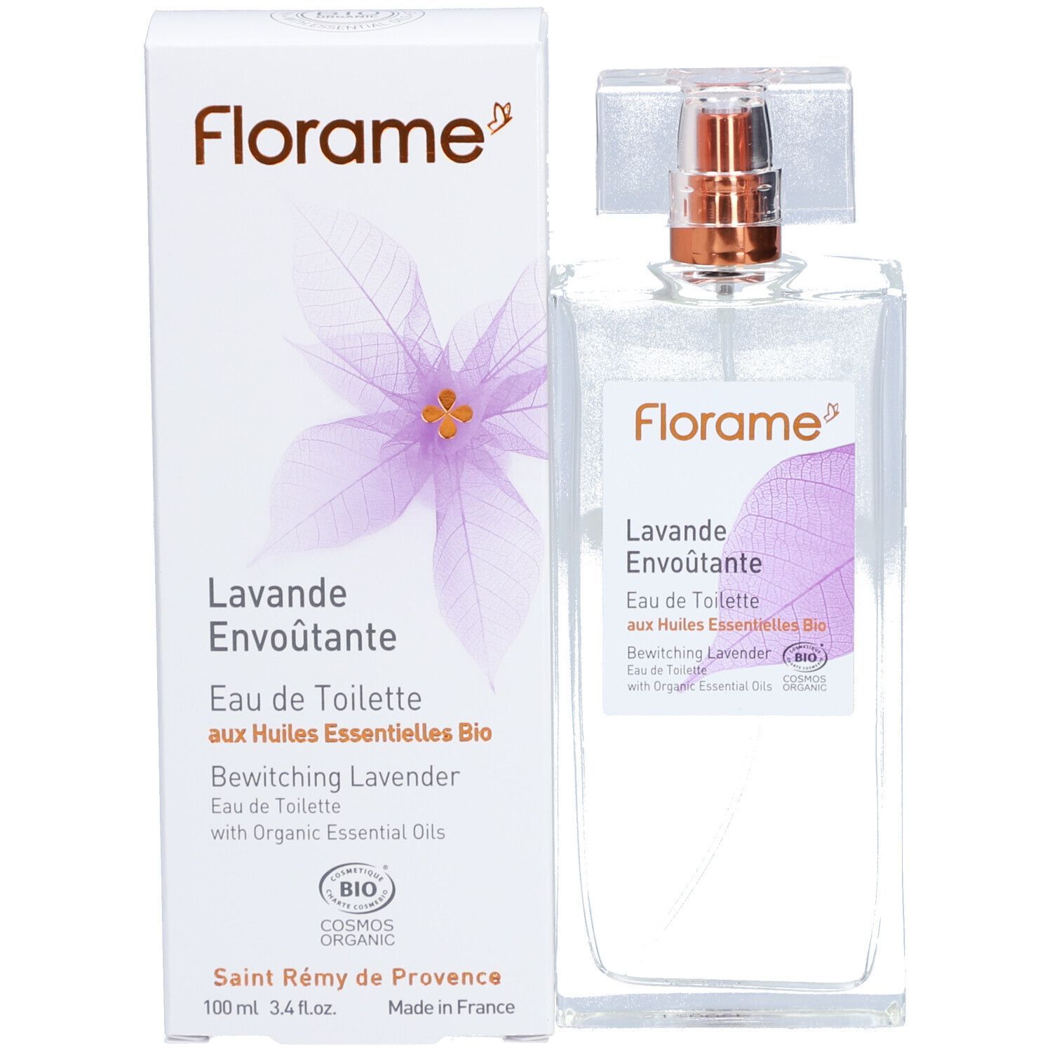 Flakon und Karton mit Produktbezeichnung und Logo. Aufschrift: Lavande Envoûtante, Eau de Toilette, Bio.