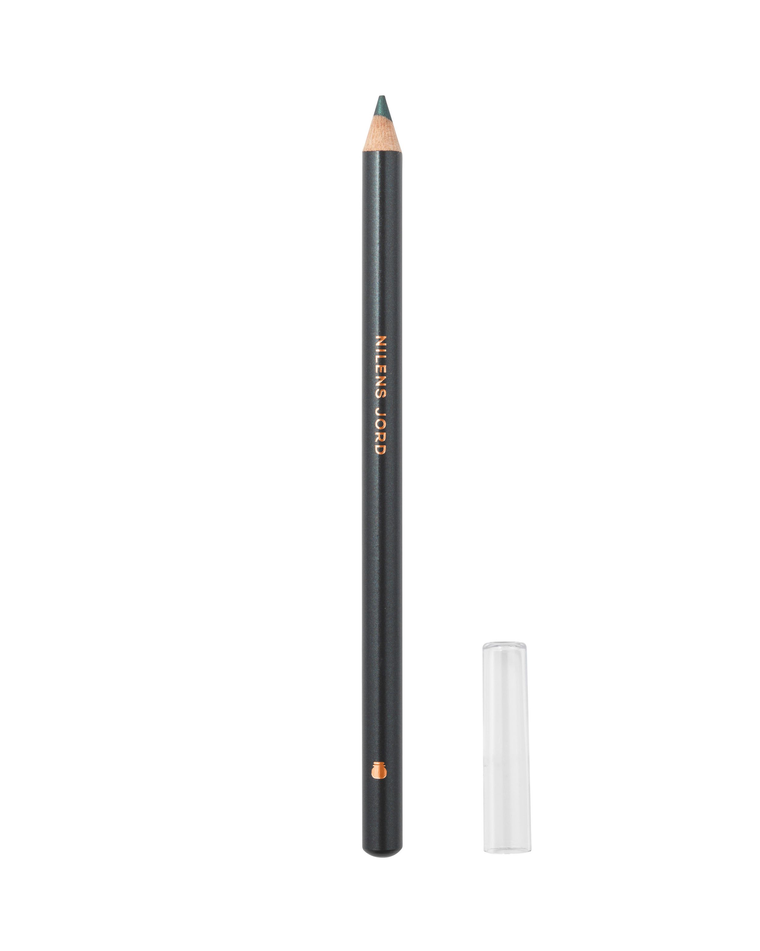 Dunkelgrüner Eyeliner-Stift mit goldener Beschriftung und transparenter Kappe.