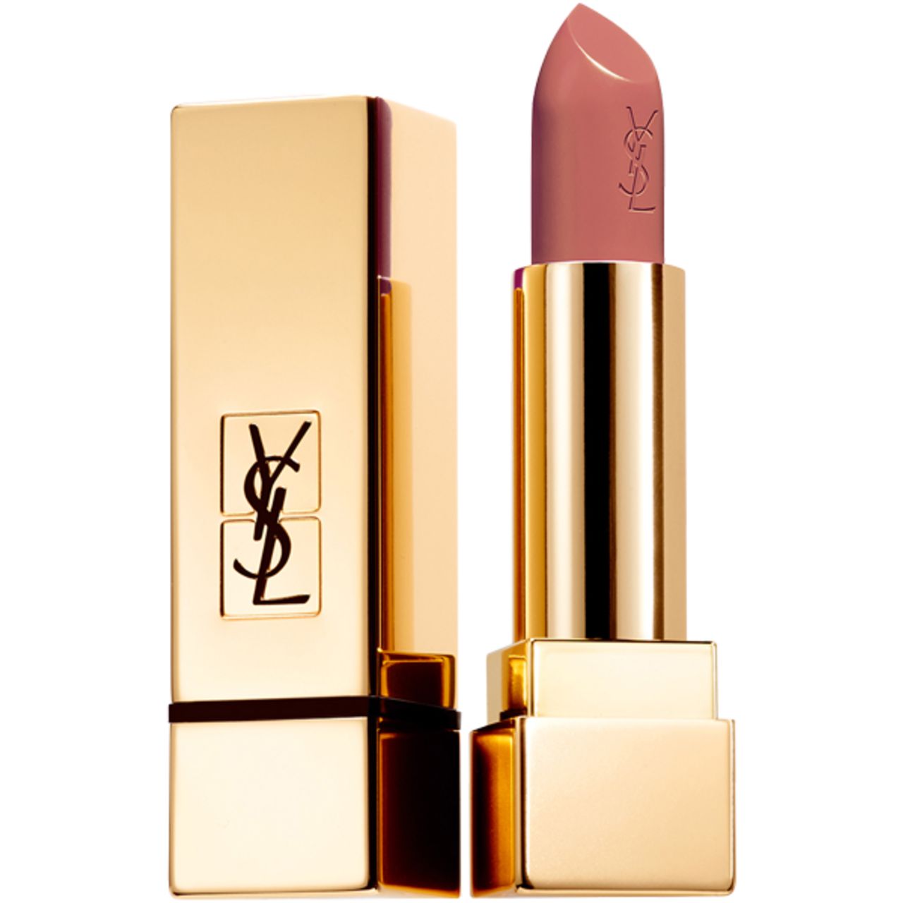 Goldfarbener Lippenstift mit geöffneter Kappe. Der Lippenstift hat eine rosafarbene Spitze mit dem YSL-Logo. Die Kappe ist daneben.