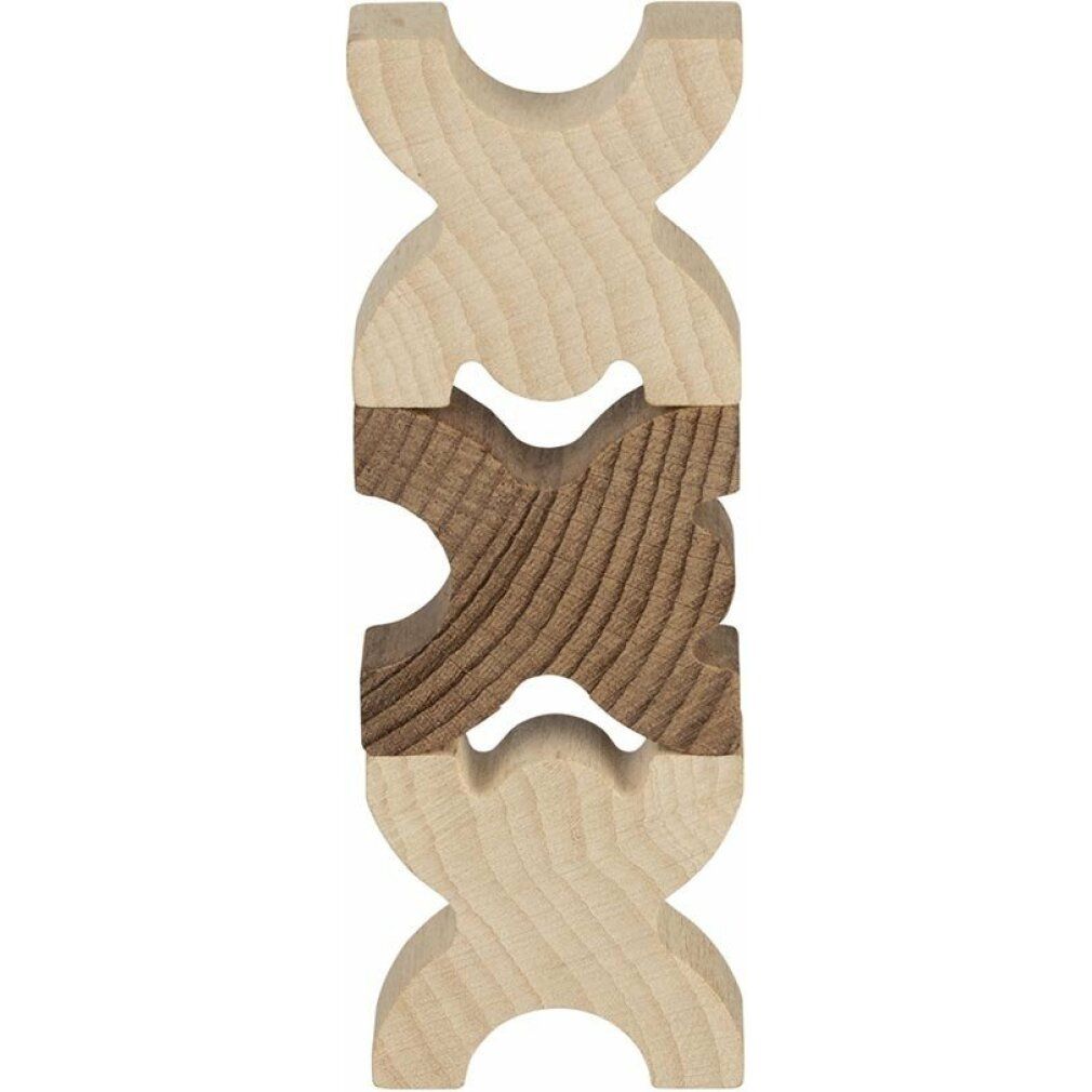 Drei Holzfiguren, hell und dunkelbraun, gestapelt. X-förmige Figuren, für ein Balance-Spiel.