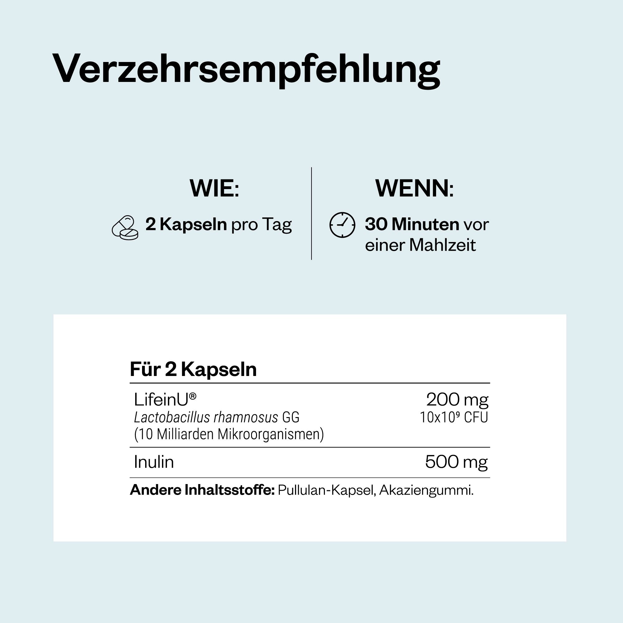 Text mit Dosierungsempfehlung: 2 Kapseln pro Tag, 30 Minuten vor einer Mahlzeit. Enthält Lactobacillus rhamnosus GG und Inulin.