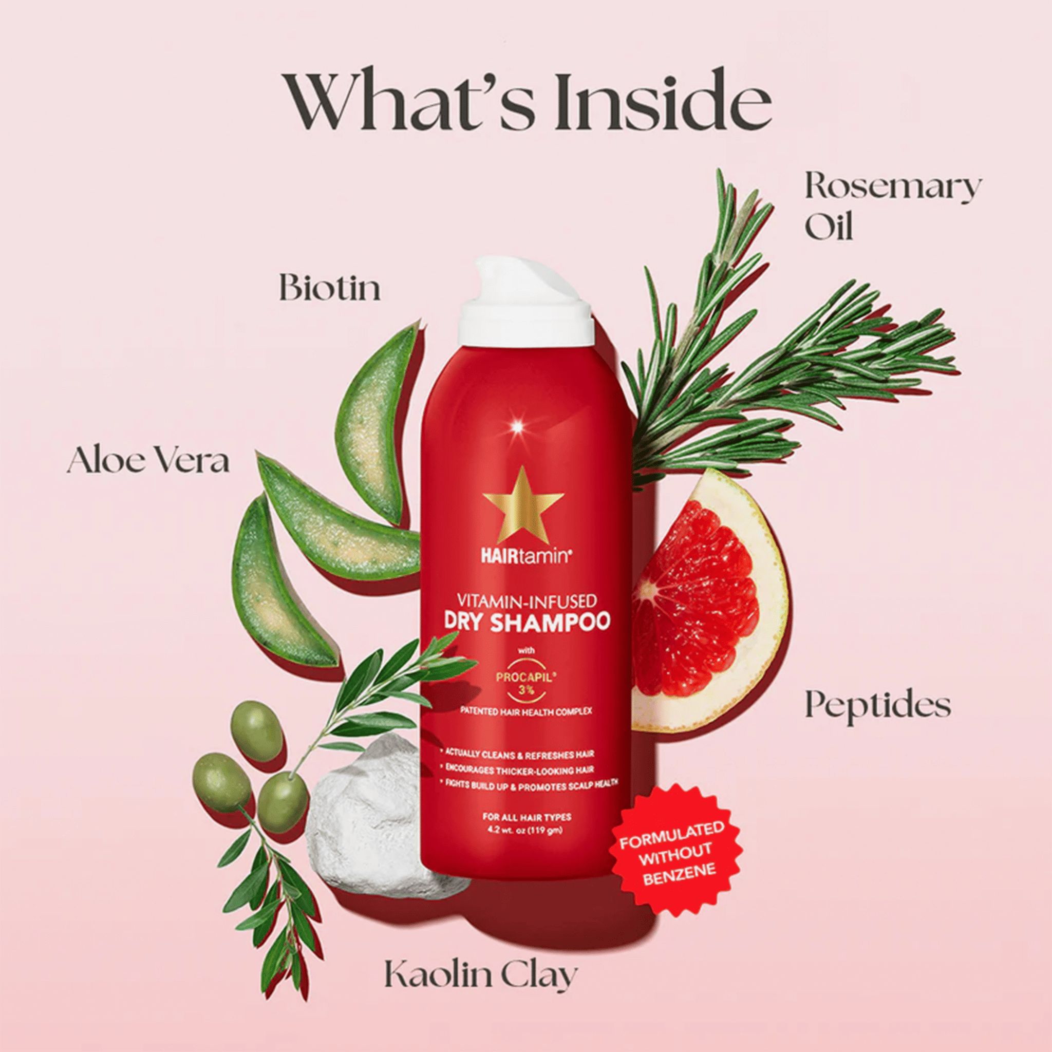 Rote Sprühflasche mit Inhaltsstoffen: Biotin, Aloe Vera, Rosmarinöl, Grapefruit, Peptide, Kaolin-Ton. Produktname: HAIRtamin Vitamin-Infused Dry Shampoo.