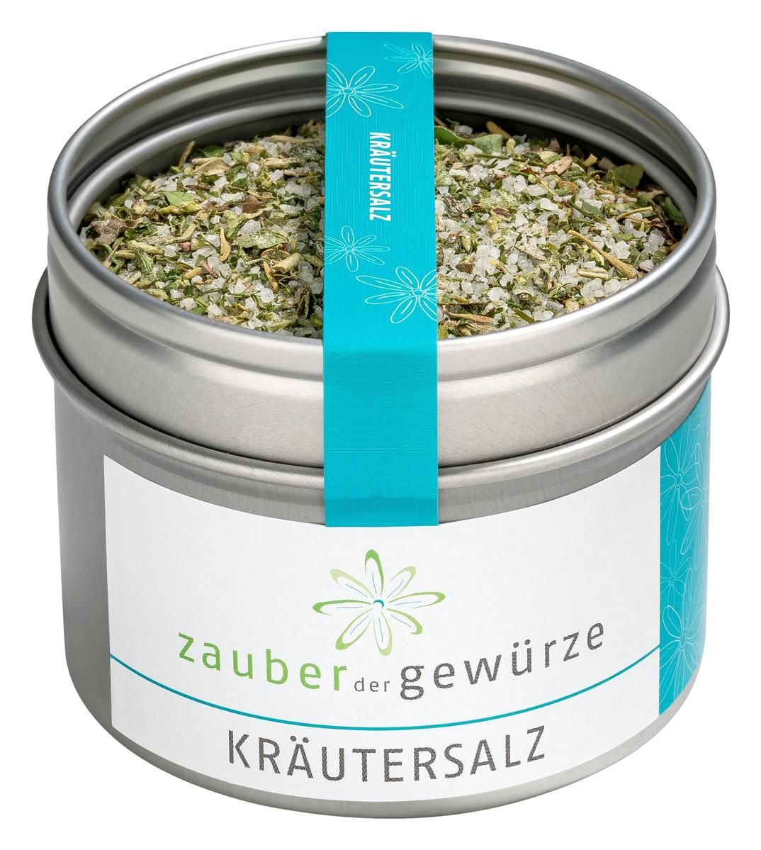 Runde Dose mit Kräutersalz. Türkisfarbenes Band mit Schriftzug. Aufschrift: Zauber der Gewürze Kräutersalz.