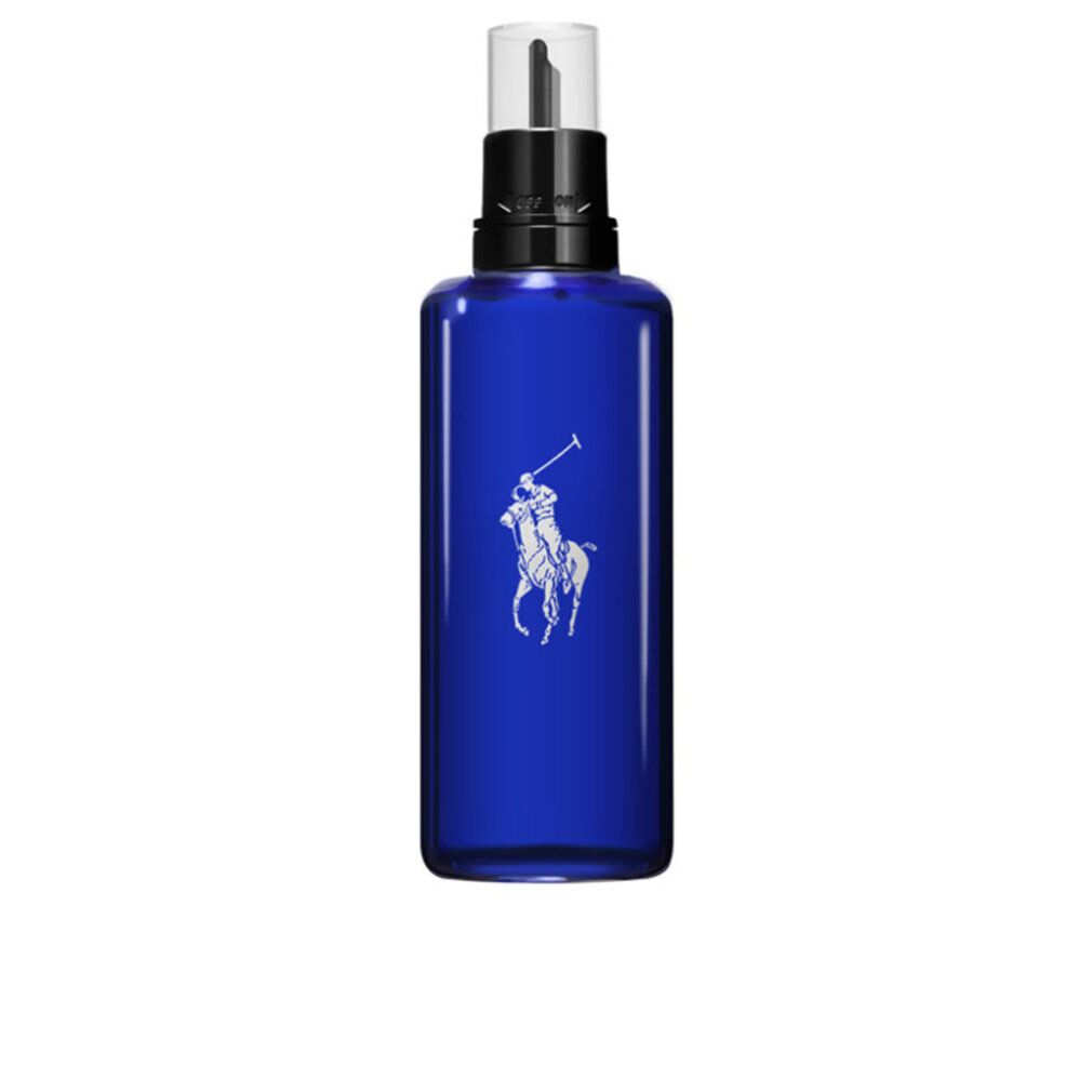 Blaue Flasche mit Zerstäuber. Logo mit Reiter. Schwarzer Verschluss. Transparenter Sprühkopf.
