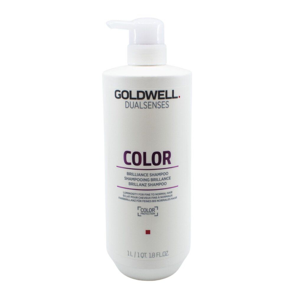 Goldwell Dualsenses Color Brilliance Shampoo-Flasche mit Pumpe. Weiß, mit lila und roten Akzenten.