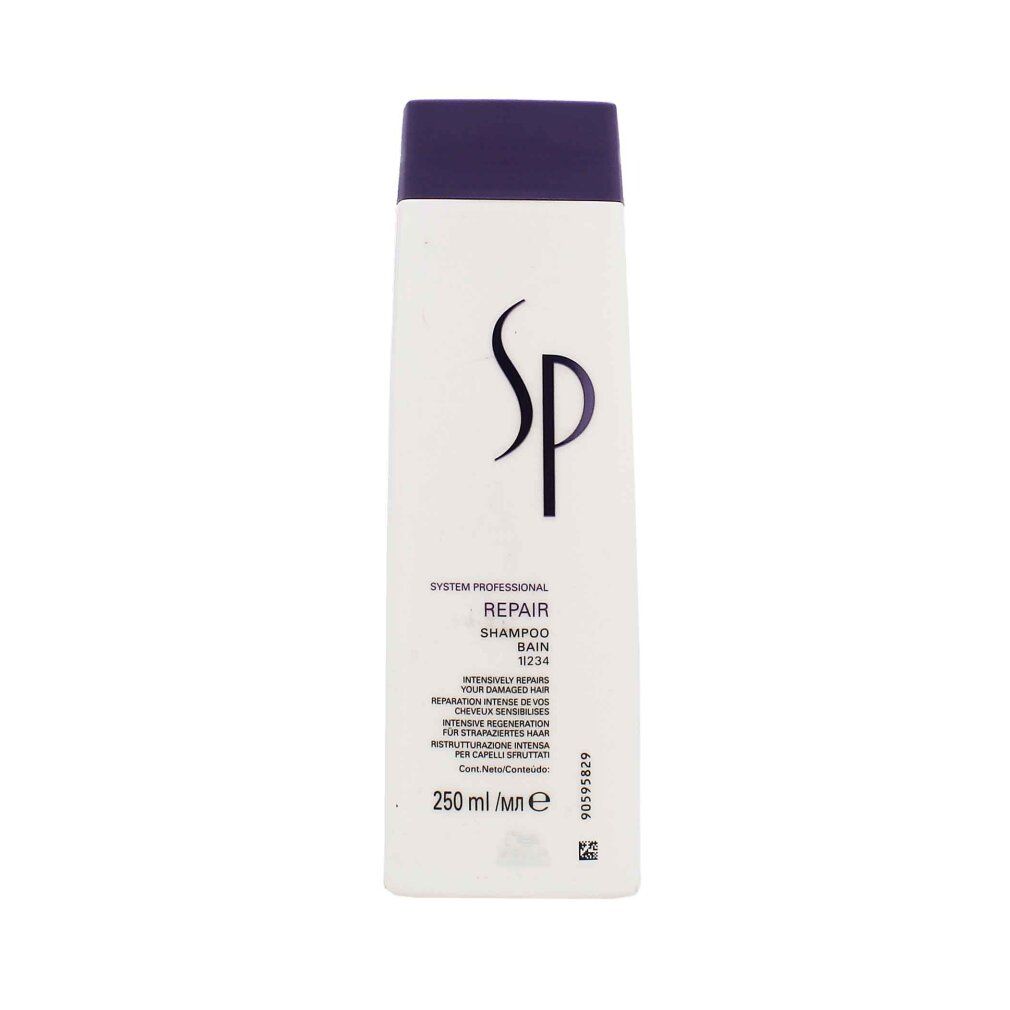 Weißes Shampoo mit lila Deckel. Aufschrift SP, Repair Shampoo, 250 ml.