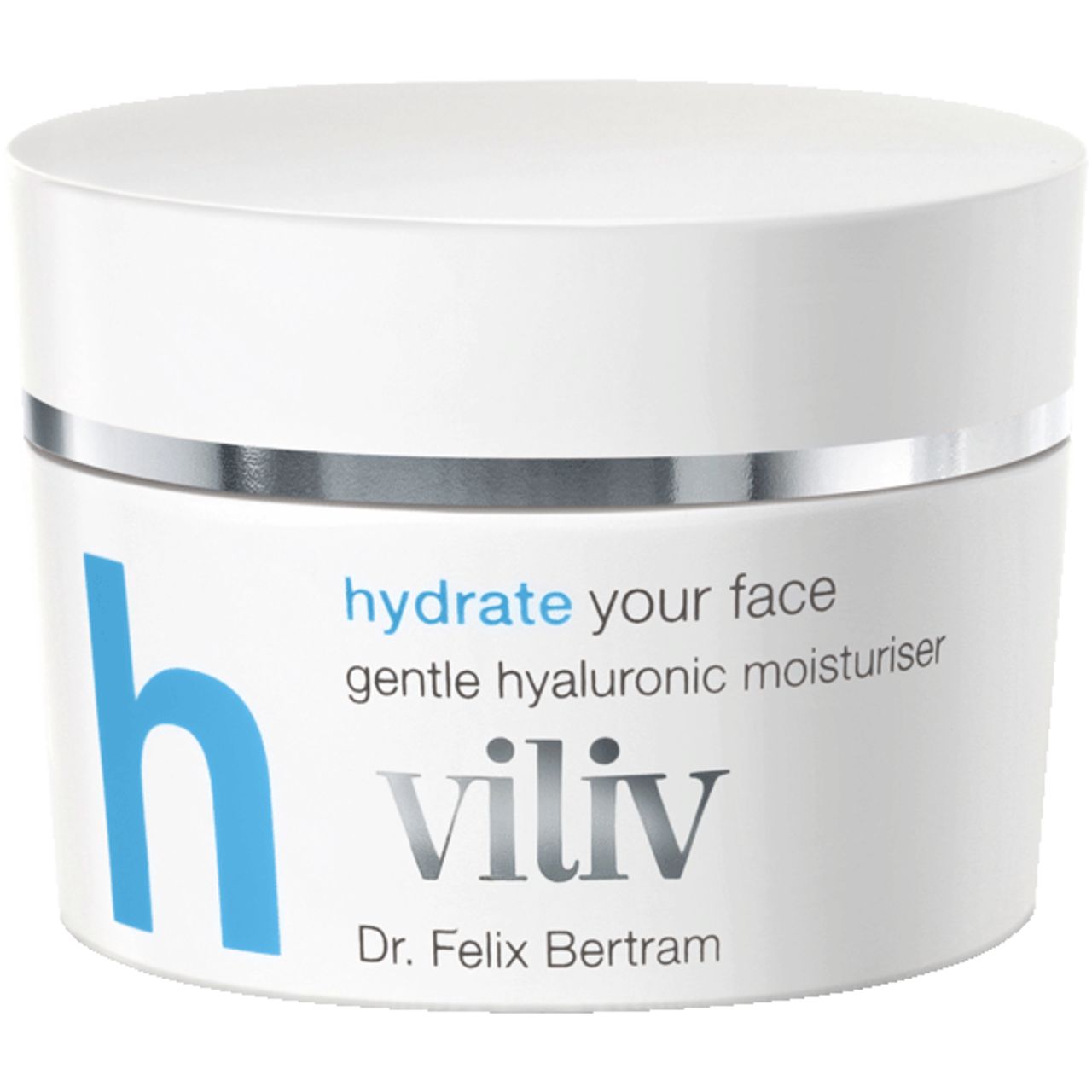 Weißer Tiegel mit silbernem Ring. Blaue "h"-Grafik und Schriftzug "hydrate your face" und "viliv".