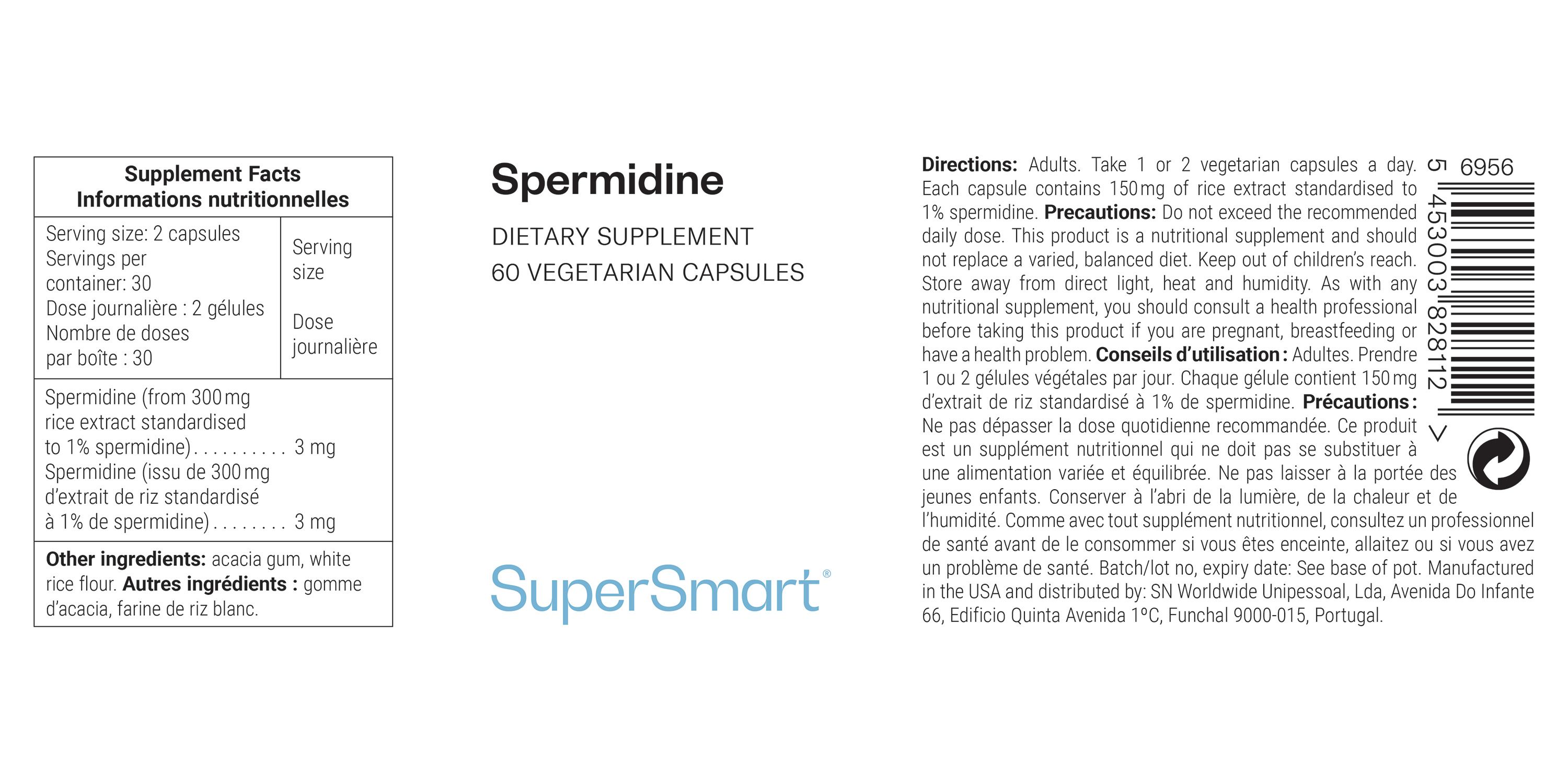 Spermidin-Nahrungsergänzungsmittel. Weiße Kapseln in einer Packung mit Text. SuperSmart-Logo.