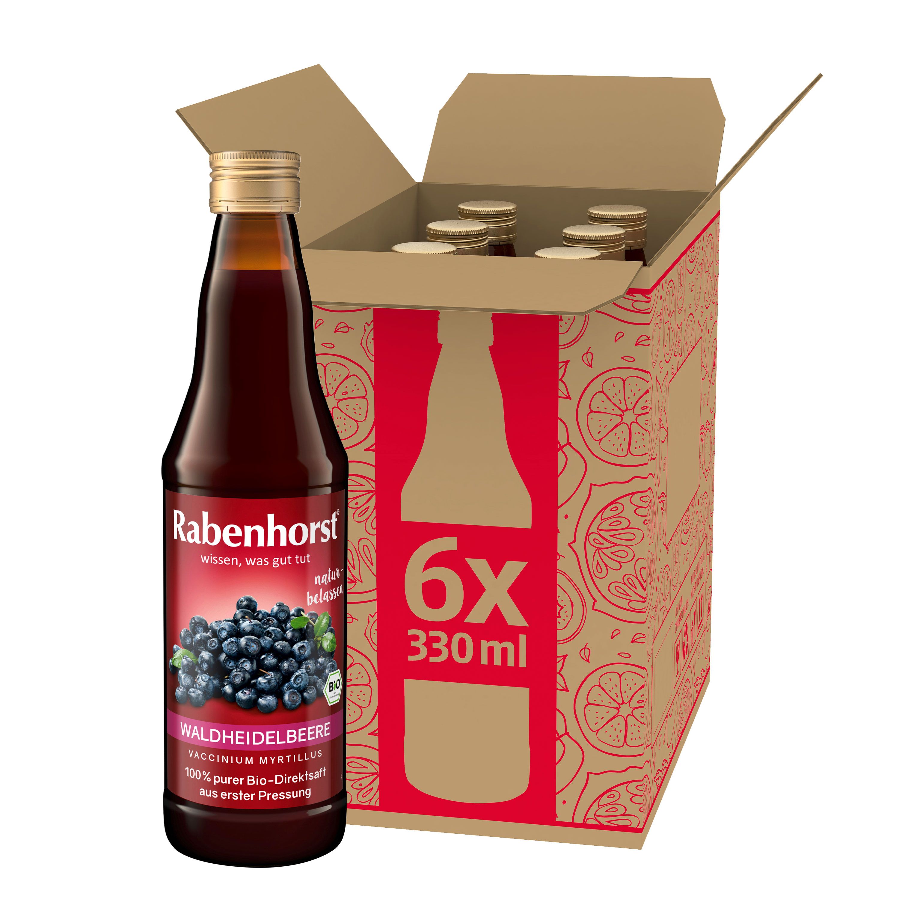 Flasche Rabenhorst Waldheidelbeere Muttersaft BIO. Braune Glasflasche mit rotem Etikett. Karton mit 6 Flaschen, geöffnet.