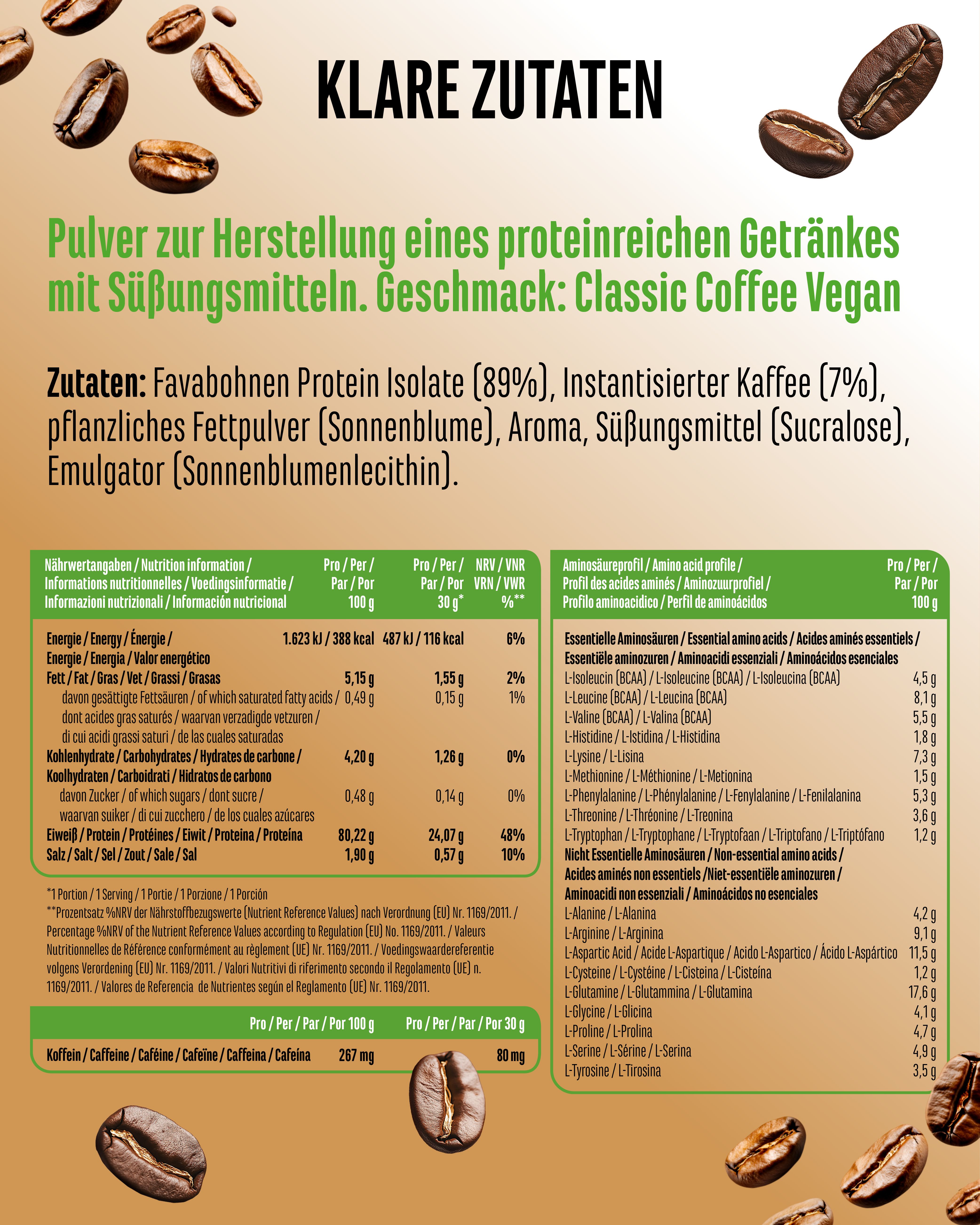 Nährwerttabelle und Zutatenliste für "Classic Coffee Vegan". Informationen zu Nährwerten und Aminosäuren.