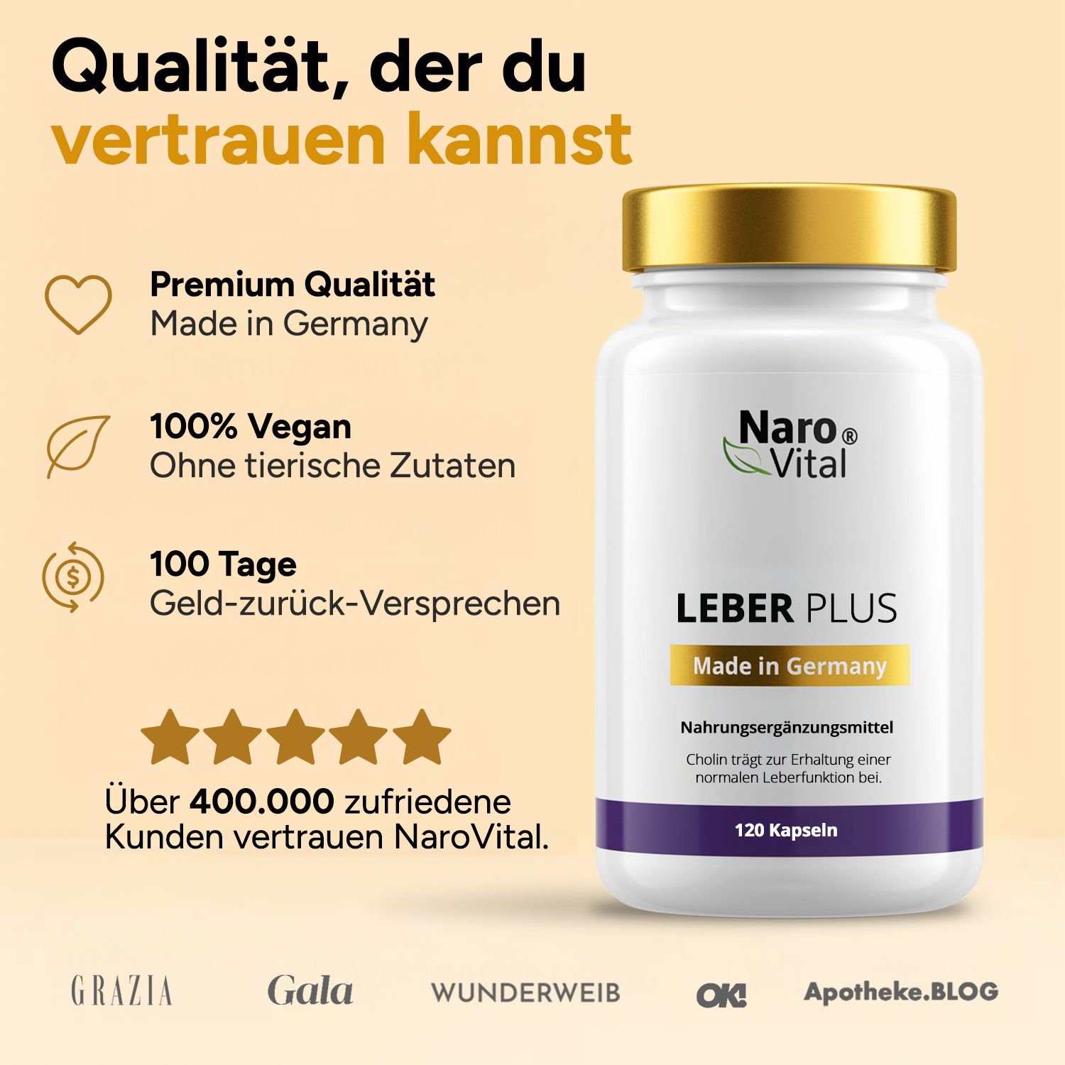 Produktflasche neben Logos und Texten: 100% Vegan, Geld-zurück-Versprechen, über 400.000 zufriedene Kunden.