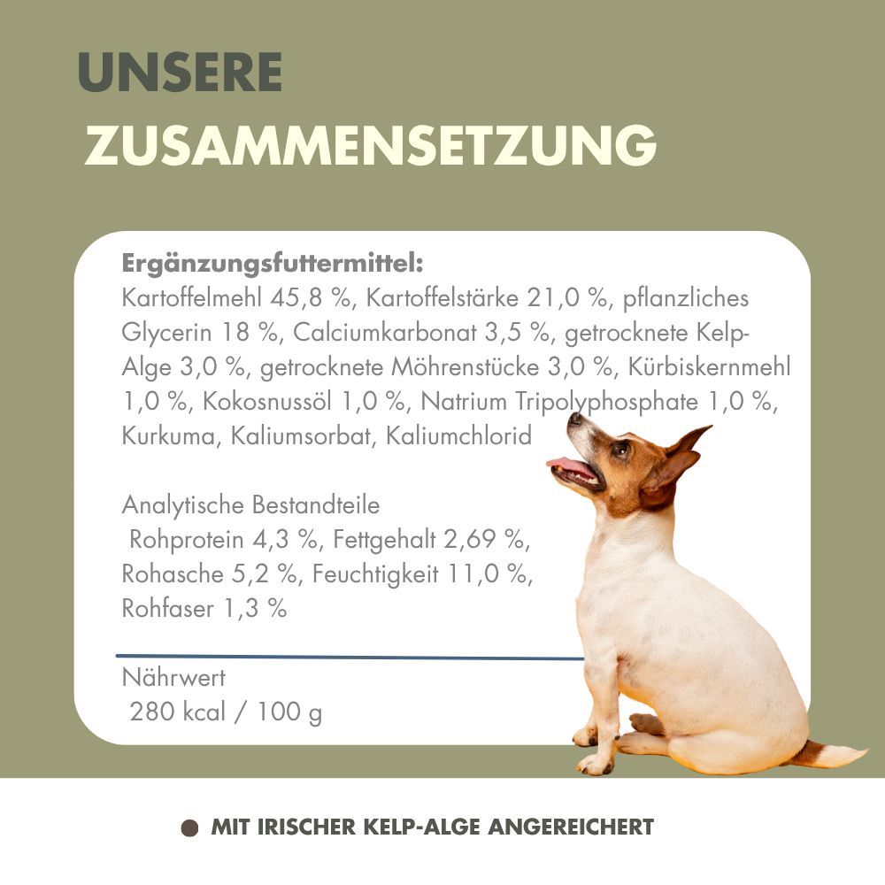 Hund sitzt neben einer Tabelle mit Inhaltsstoffen und Nährwertangaben für Ergänzungsfuttermittel.