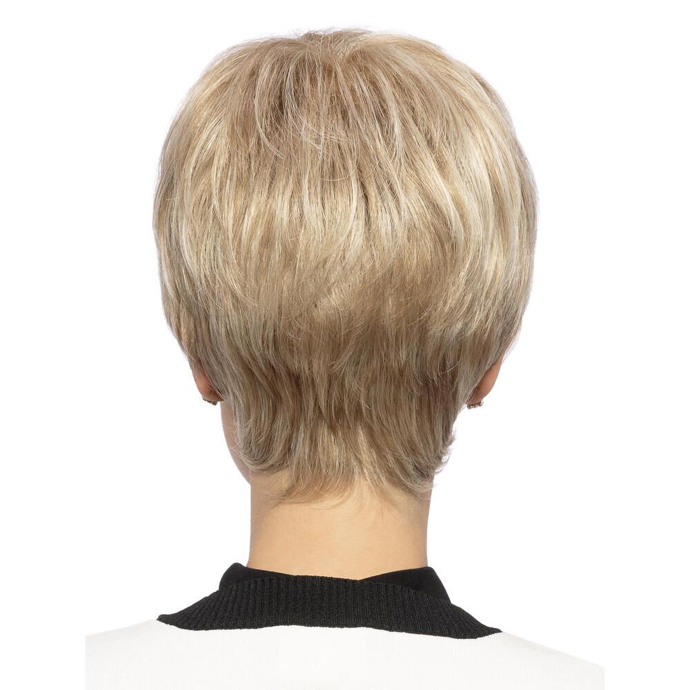 Kurzhaarperücke, blond, von hinten. Schwarzer Kragen.