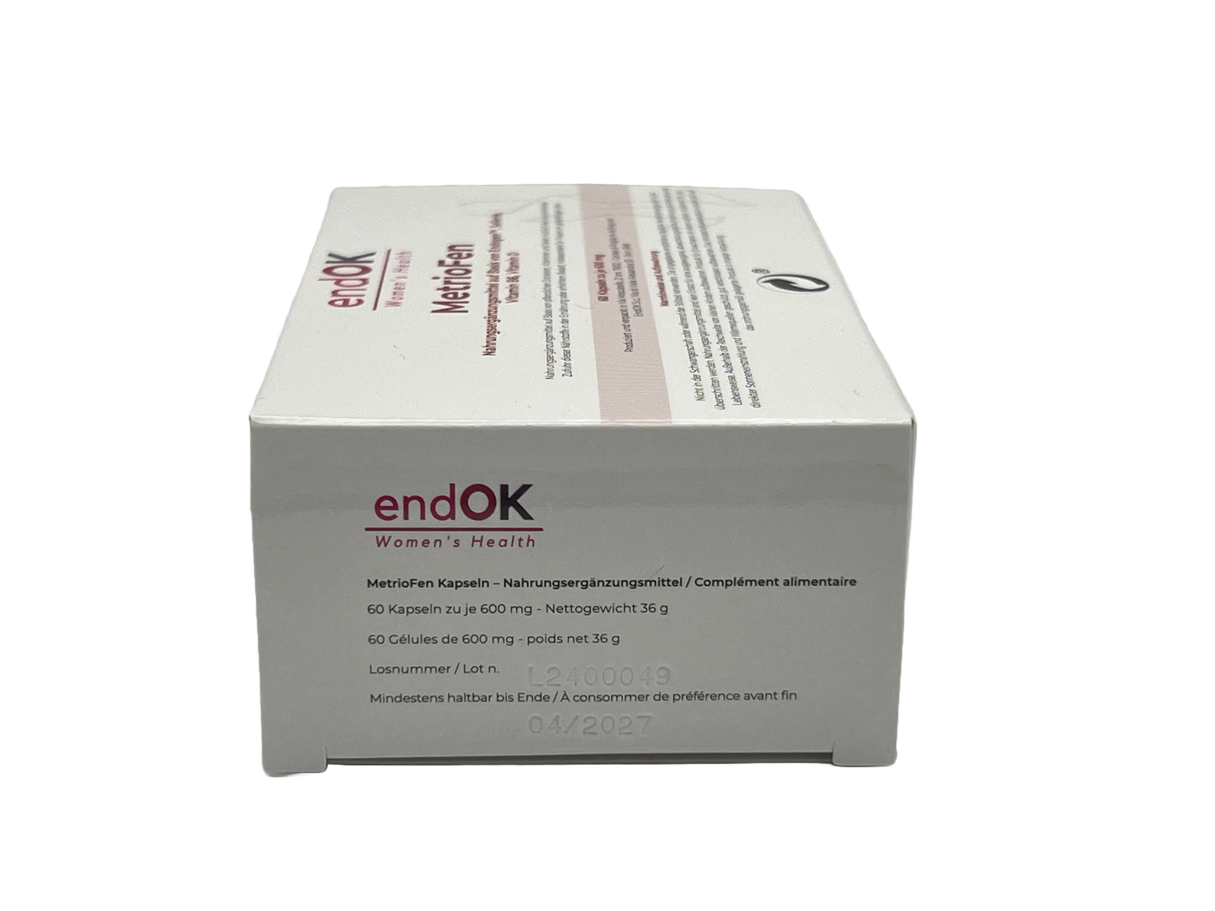 Weißer Karton mit Produktinformationen. Aufschrift: endOK, MetrioFen, 60 Kapseln. Text in Deutsch und Französisch.