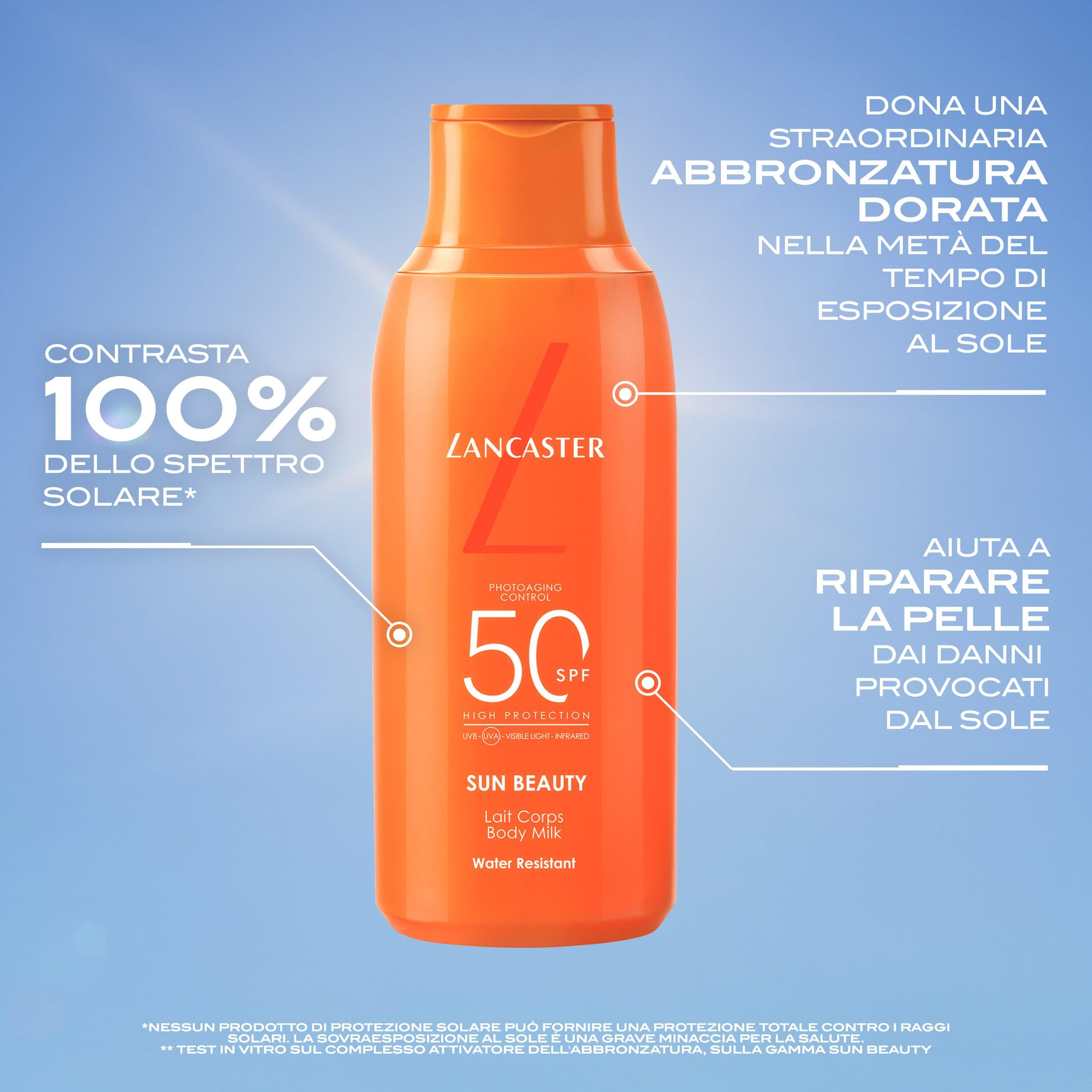 Orangefarbene Flasche mit weißem Text. Marke Lancaster, SPF 50. Sun Beauty Lait Corps Body Milk. Text und Pfeile.